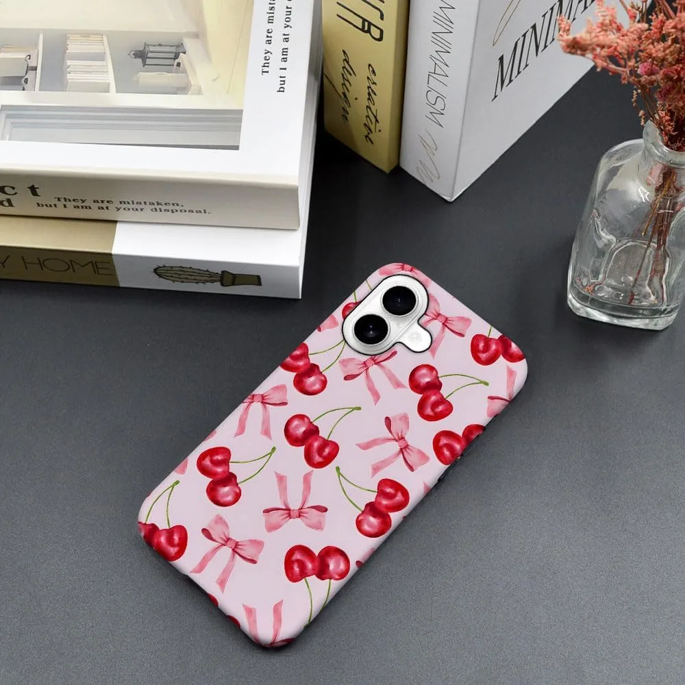 Case Compatible with iPhone 17,Fall Prevention Hybrid 2-Layer Hard Shell Phone Cover for Girls Boys,Pink Bow Cherry Ribbon Fruit