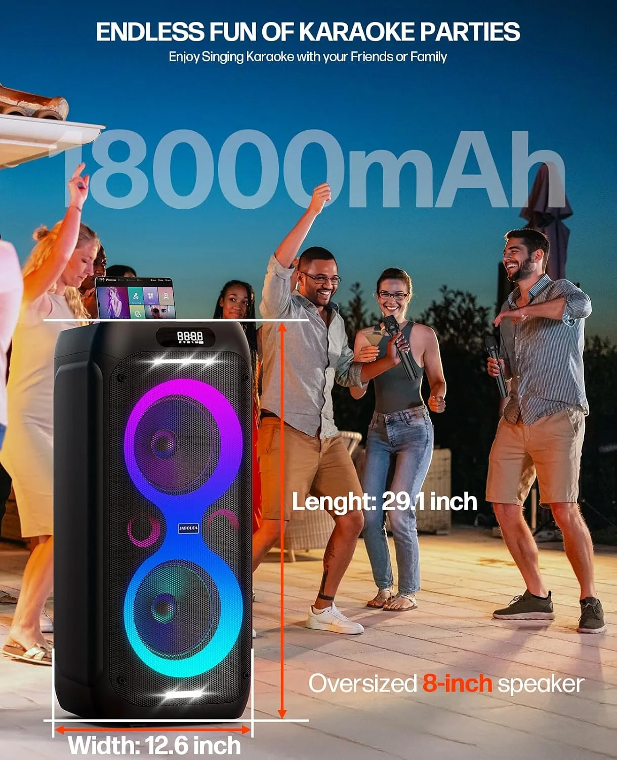 Karaoke Machine, Portable Bluetooth Speaker Bass Boost w/Double 8" Woofer