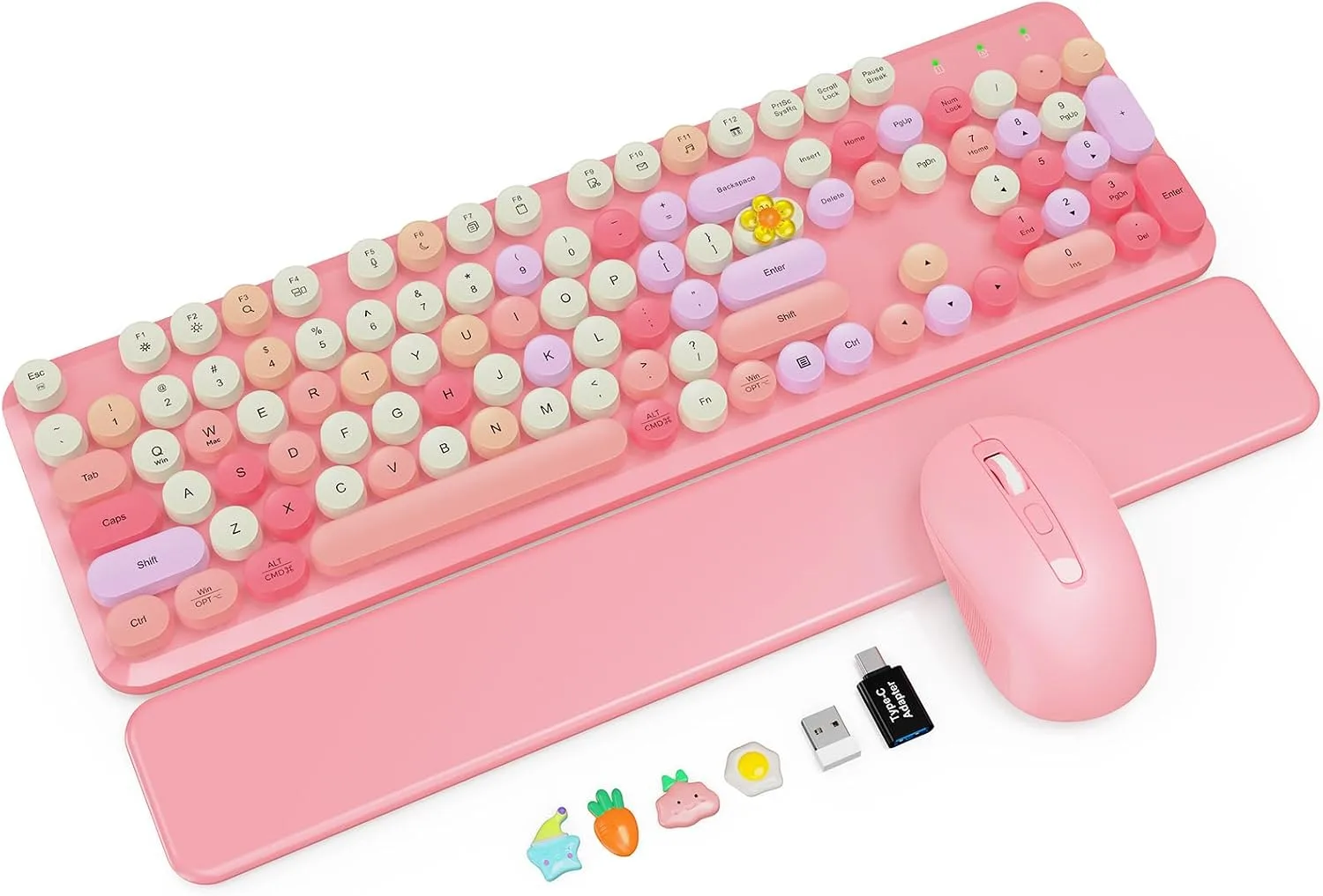 Wireless Keyboard and Mouse Combo, Magnetic Wrist Rest, Round Keycaps, Pink