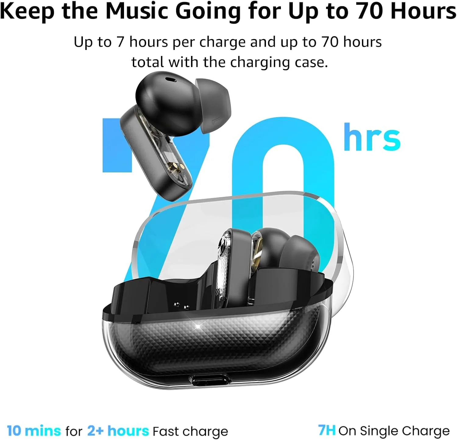 TOZO Crystal Pods Hybrid Active Noise Cancelling Wireless Earbuds, Black