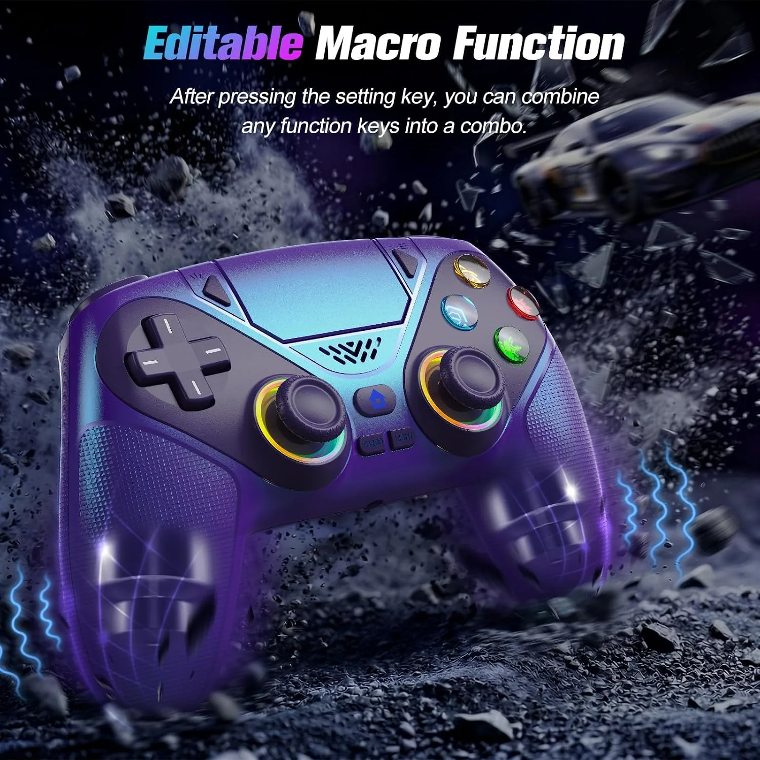 Gamrombo RGB Wireless Controller for PS5/PC – Bluetooth Gamepad with Turbo, Macro, Dual Vibration, 6-Axis Motion, 3.5mm Audio Jack & 1000mAh Battery