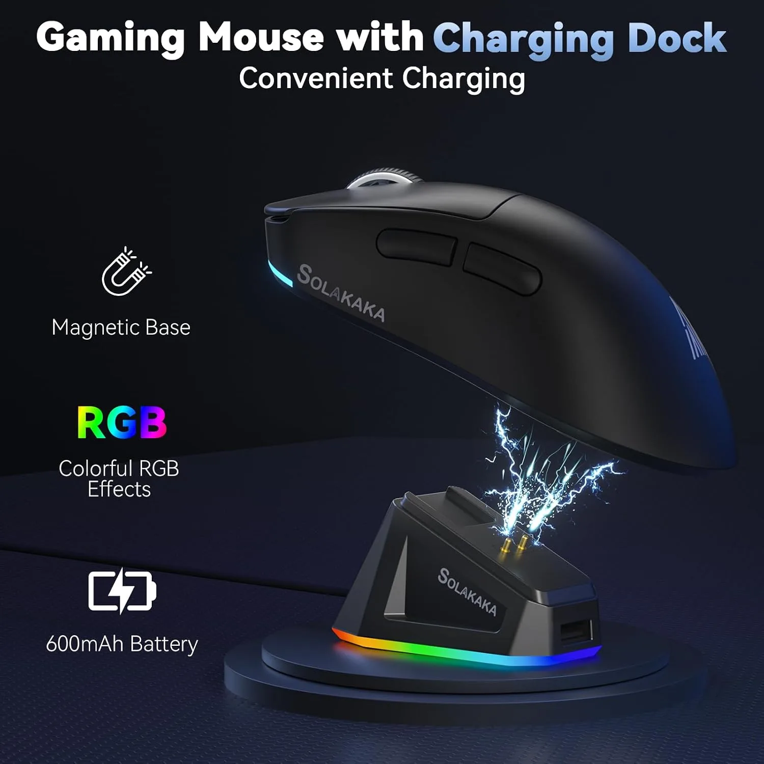 SOLAKAKA SM822 Wireless Gaming Mouse with Charging Dock, Tri-Mode Wireless Mouse, PAW3311 Optical Sensor, Up to 24,000DPI, 62g Lightweight Mouse with 5 programmable Buttons, for PC, Laptop (Black)