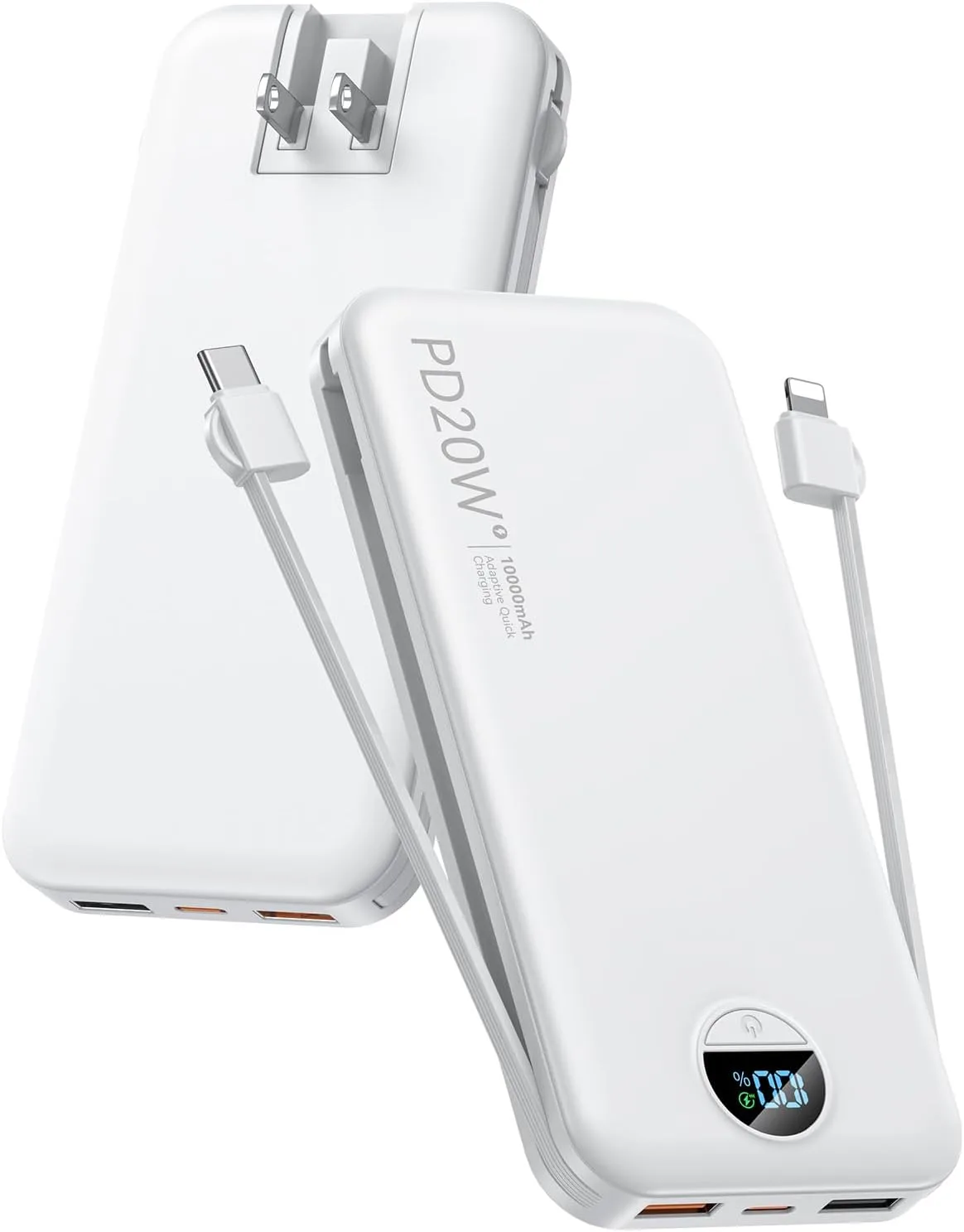citicr Portable Charger 10000mAh PD20W w/Built-in Cables & Wall Plug White