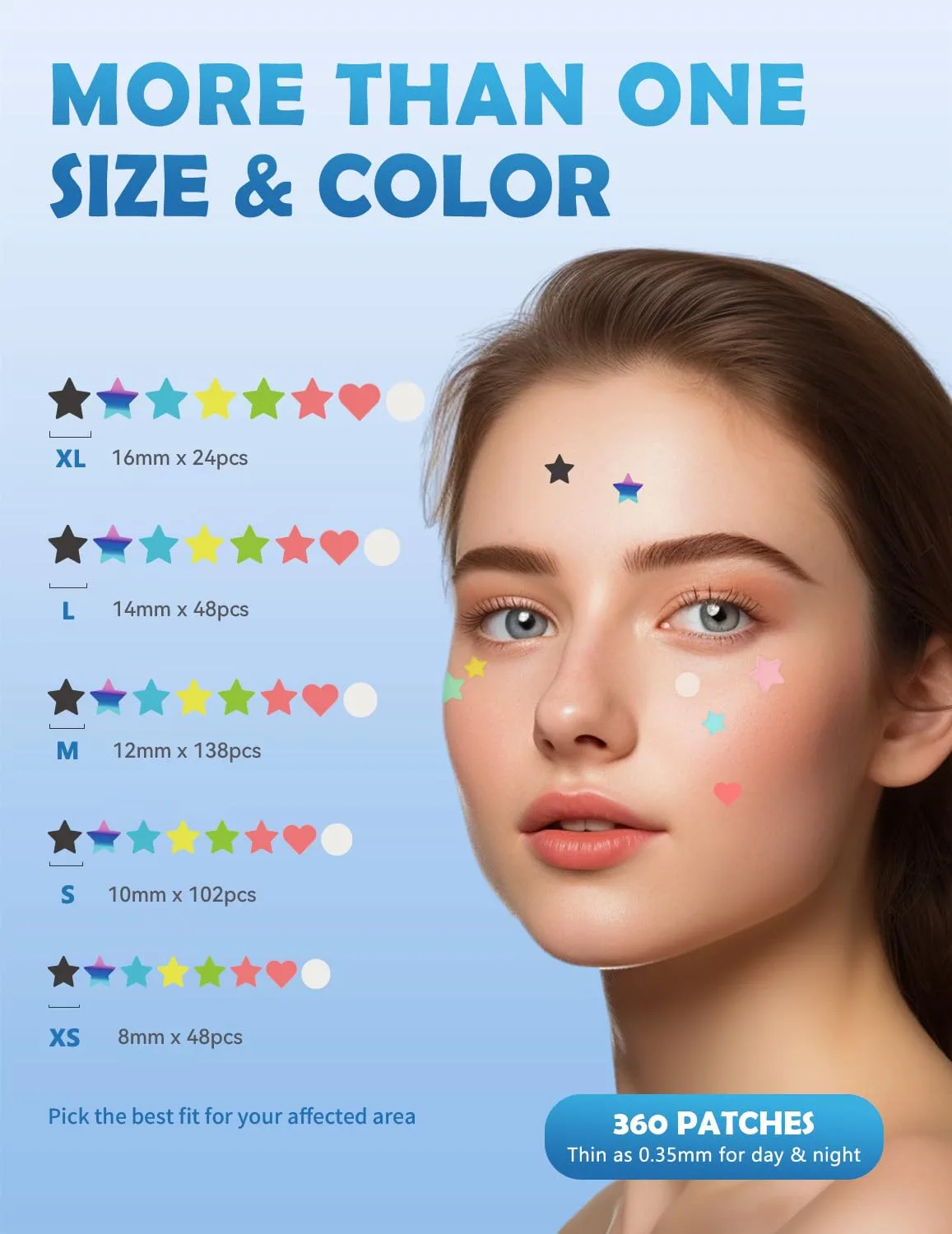 Pimple Patches for Face, Original Prismaticstars Hydrocolloid Acne Patch Professional 360 ct. 5 Colors & 5 Sizes(8/10/12/14/16mm) Suit Various Blemish, Cute Star Spot Stickers Invisible Zit Absorbing