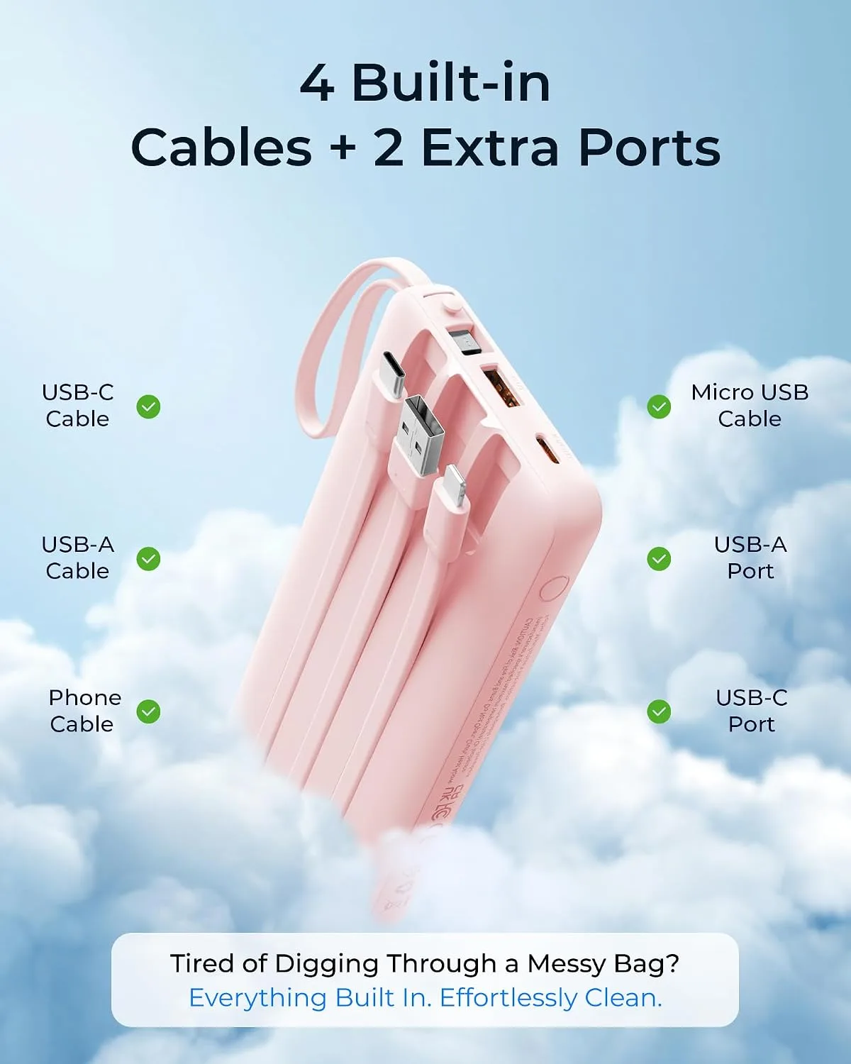 VRURC Portable Charger 20000mAh 4-Built-in-Cable Fast Charging Power Bank