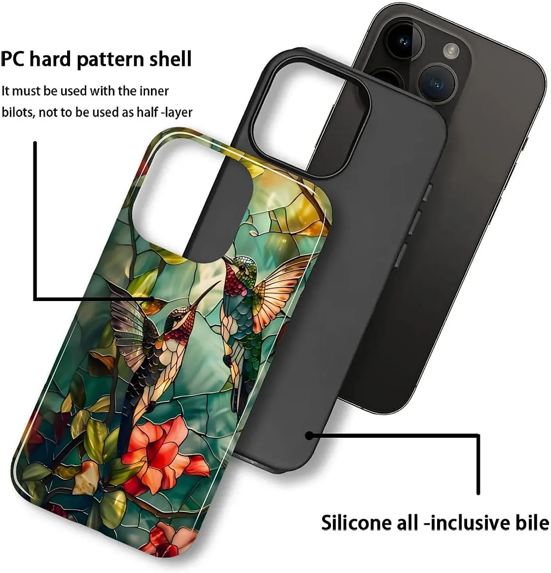 DAIZAG Case for iPhone 15 Pro,Mixed 2 Layer Design Shockproof Soft TPU Ddouble Protection Phone Case for iPhone 15 Pro-Gorgeous Hummingbird
