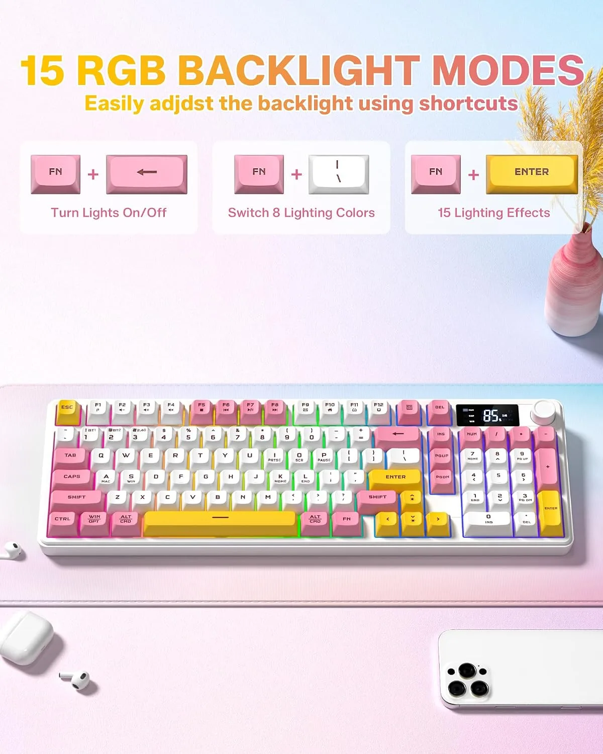 Keymatic Gaming Keyboard Wireless Creamy Keyboard w/Media Knob&Screen