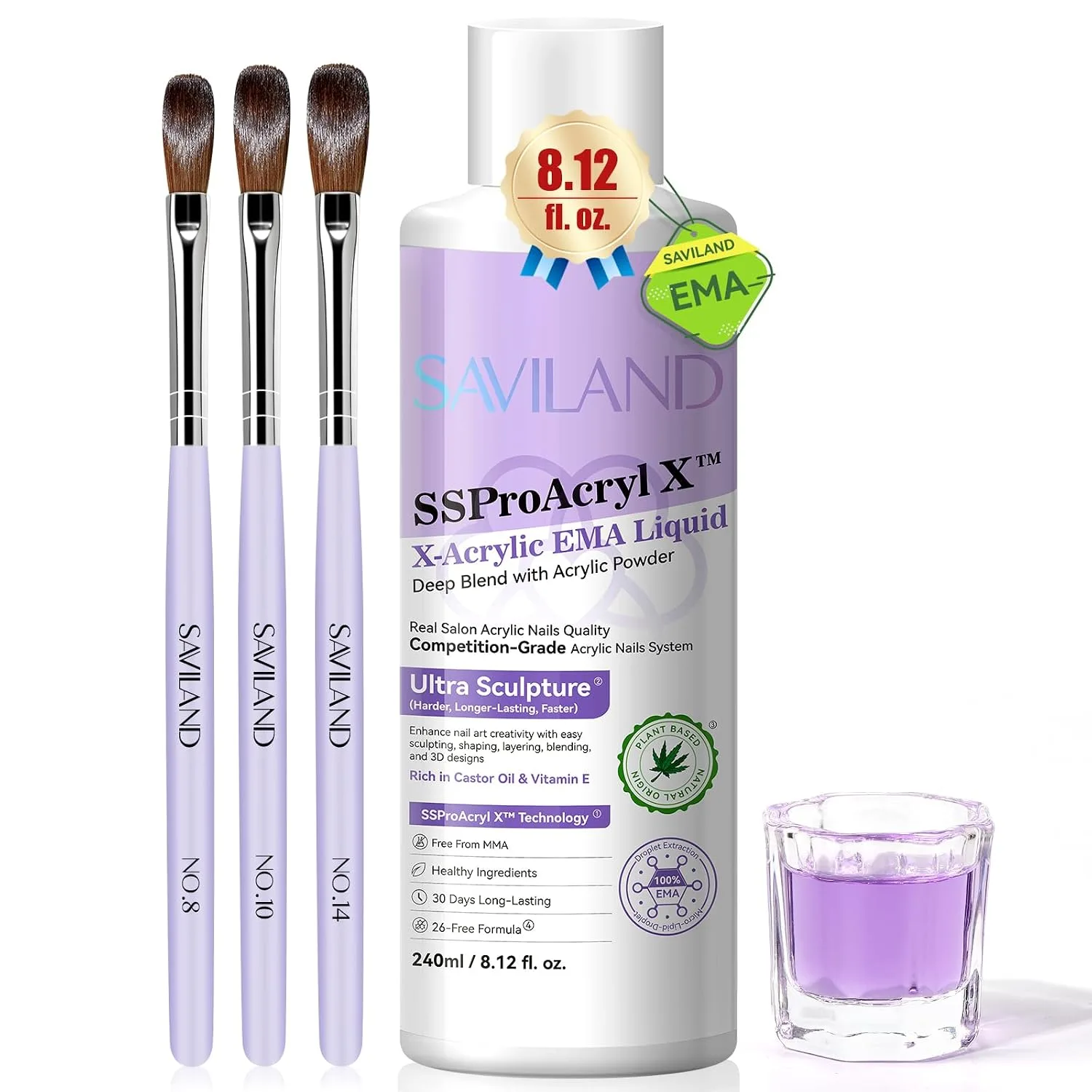 SAVILAND EMA Monomer Acrylic Nail Liquid 8 Oz with 3 Brushes Dappen Dish