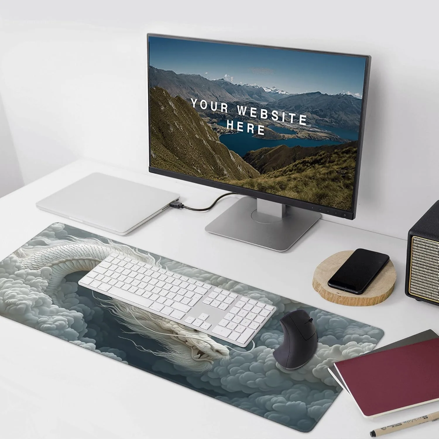Large Chinese Dragon Mouse Pad, Non-Slip Natural Rubber Desk Mat with Stitched Edges, White and Gray, 35.4 x 15.7 Inches, Gaming