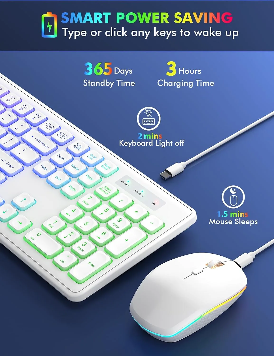 Wireless Keyboard and Mouse Combo with RGB Backlit, Rechargeable