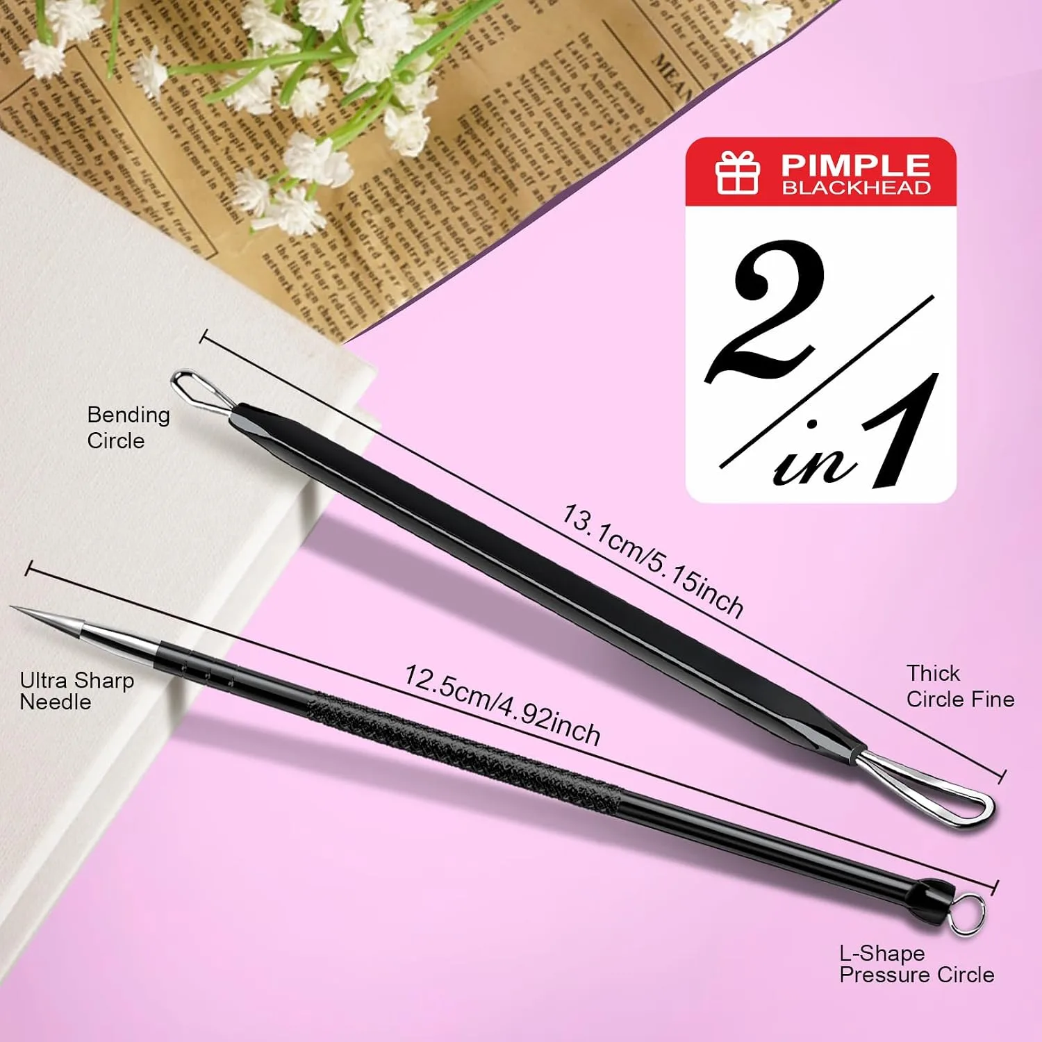 Teenitor Pimple Extractor Tool Comedone Extractor Acne Tool Blackhead Removal Tool 2-in-1 Pimple Popper Tool for Face and Nose Black
