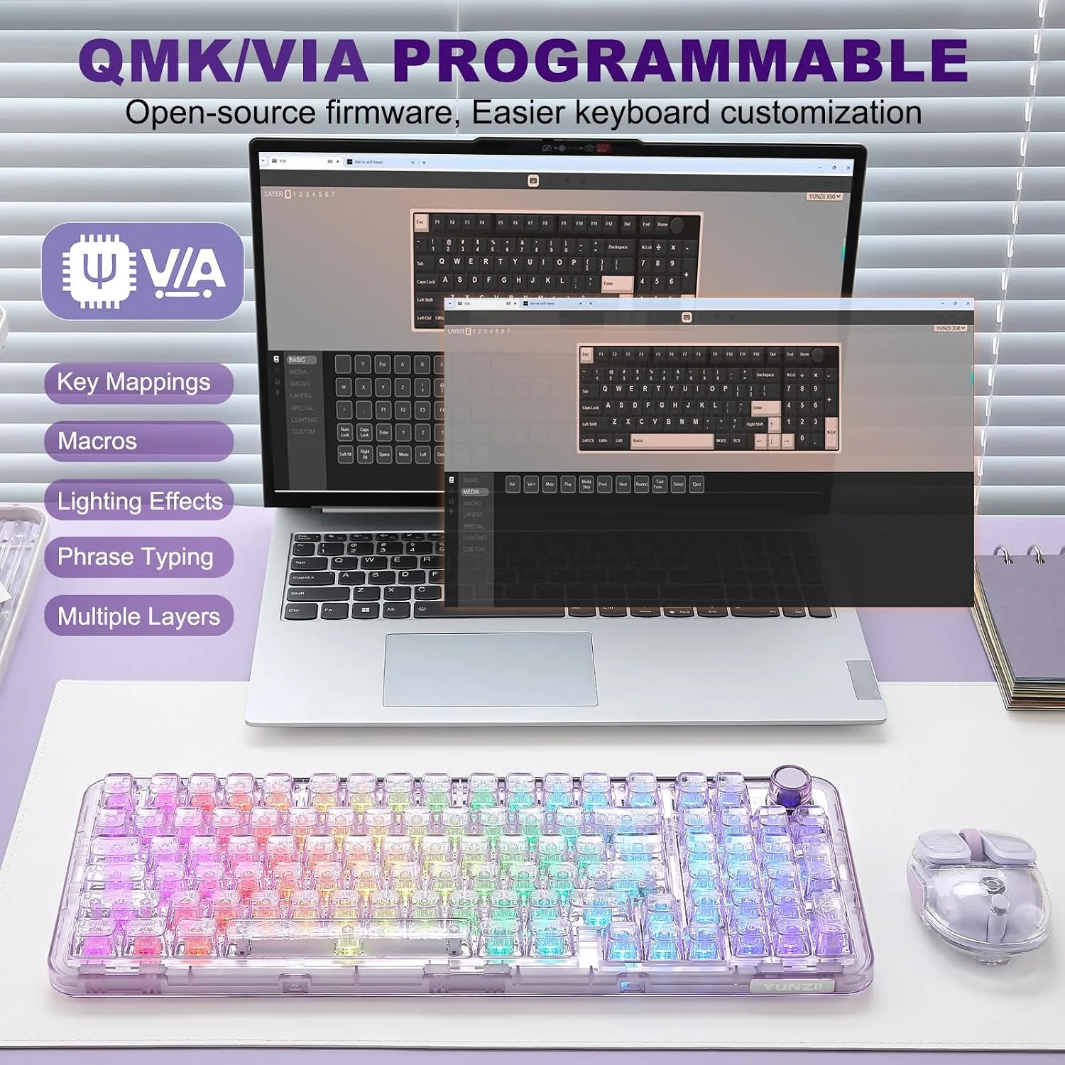 YUNZII X98 Wireless Mechanical Keyboard with Knob (Purple, Crystal Switch)