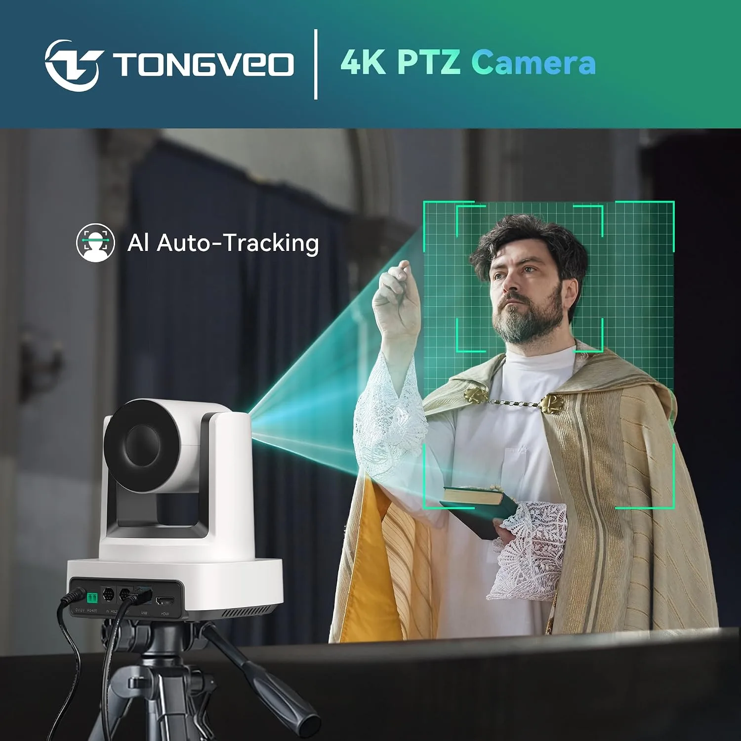 TONGVEO AI 4K PTZ Camera with Auto Tracking, 10X Optical Zoom Video Conferencing Camera, HDMI & USB 3.0 Plug and Play Webcam for Zoom, Teams, Church Worship, Live Streaming, Education