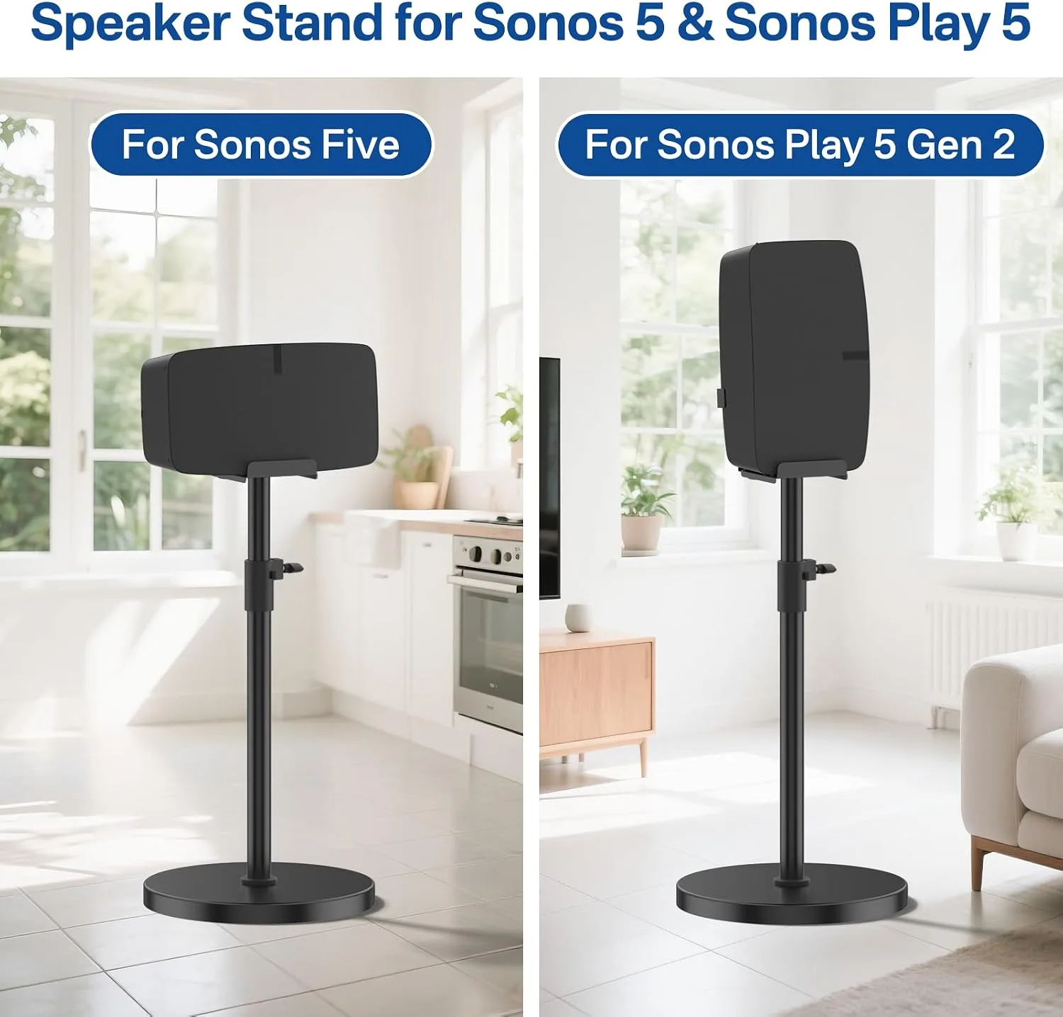 Height Adjustable Floor Speaker Stand for Sonos Five & Play:5, Vertical or Horizontal Placement, Metal Sonos 5 Speaker Stand with Cable Management (Black, 1 Pack)
