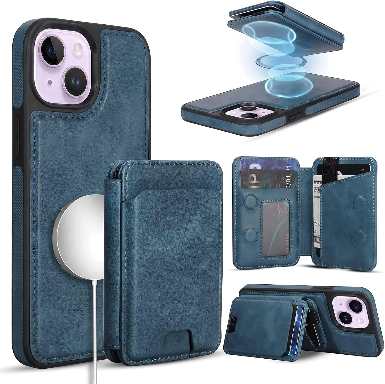 Magnetic Detachable Wallet Case for iPhone 15 with Kickstand,2-in-1 MagSafe Compatible RFID Blocking Card Holder,Slim PU Leather Cover Blue