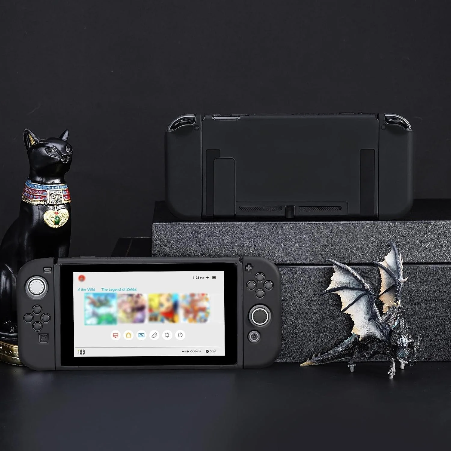 JINGDU Protective Case Compatible with Switch, Dockable TPU Cover Accessories for Console and Grip Joy-Con, The Switch Protector with 4 Thumb Grip Caps, Black