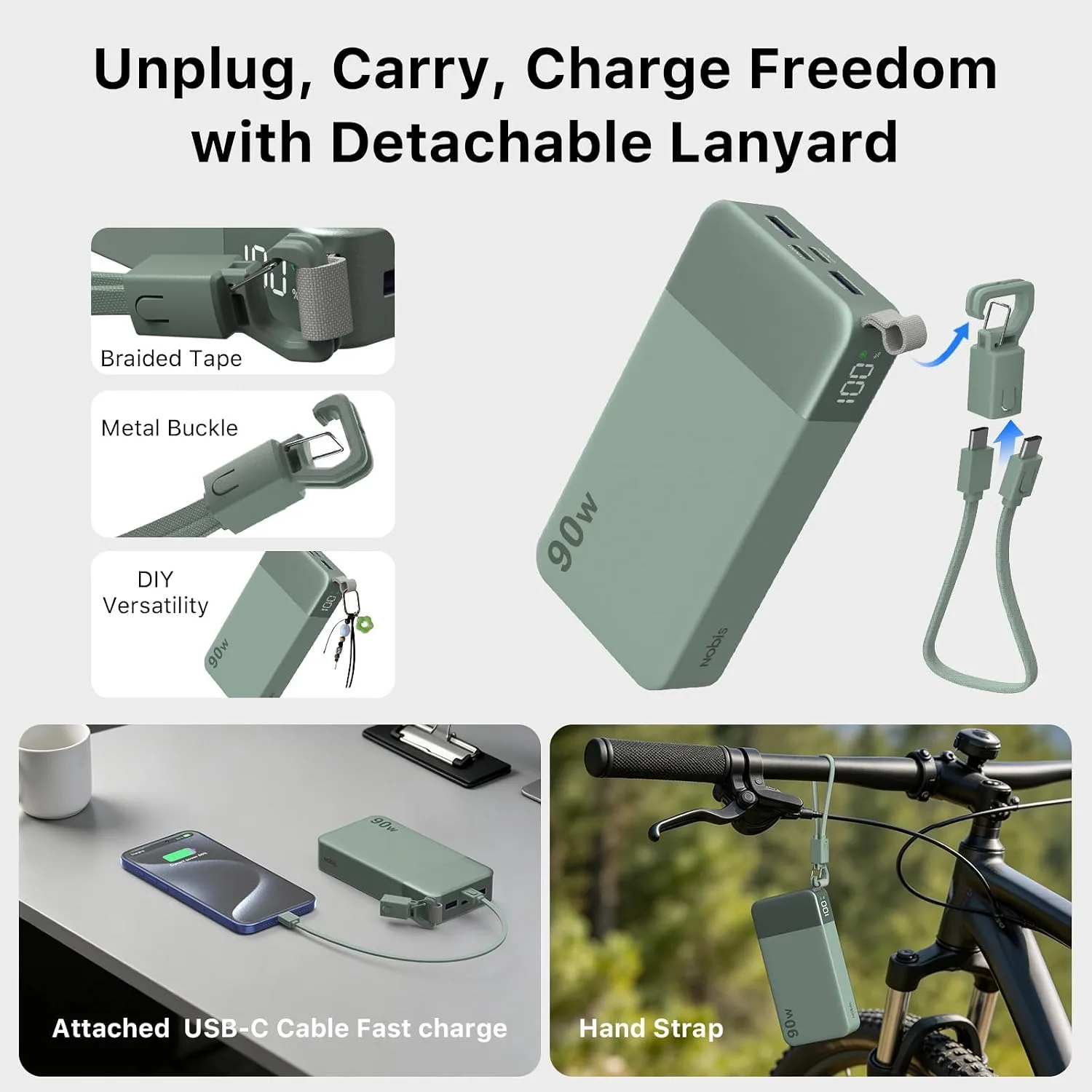 NOBIS 90W Portable Charger 20000mAh Power Bank with Detachable C-Cable