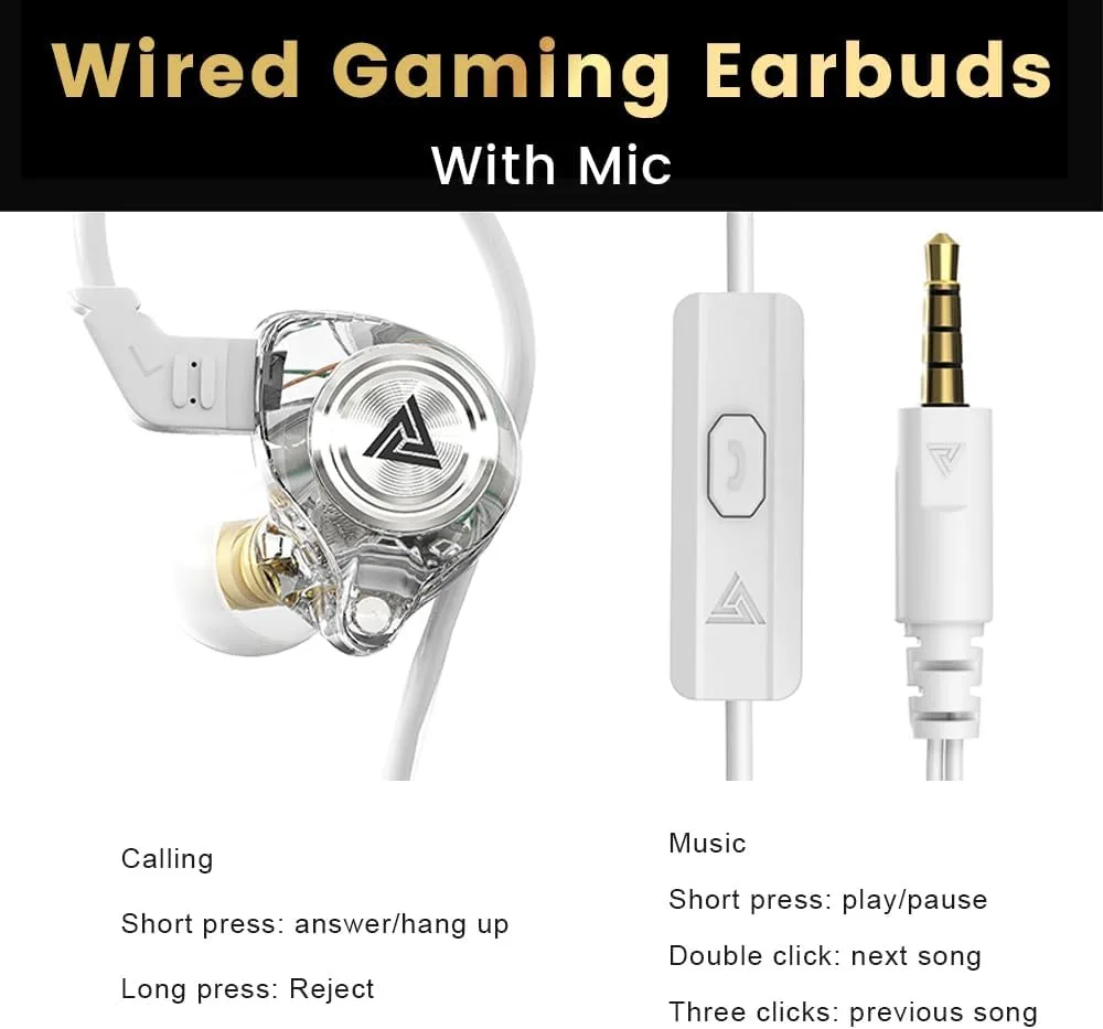 Wired Gaming Earbuds, Ak3file in Ear Monitors, Deep Bass Sound Wired Earbuds, HiFi in Ear Headphones with 1DD 10mm Dynamic Driver, IEM for Music Gaming Video Calling (White)