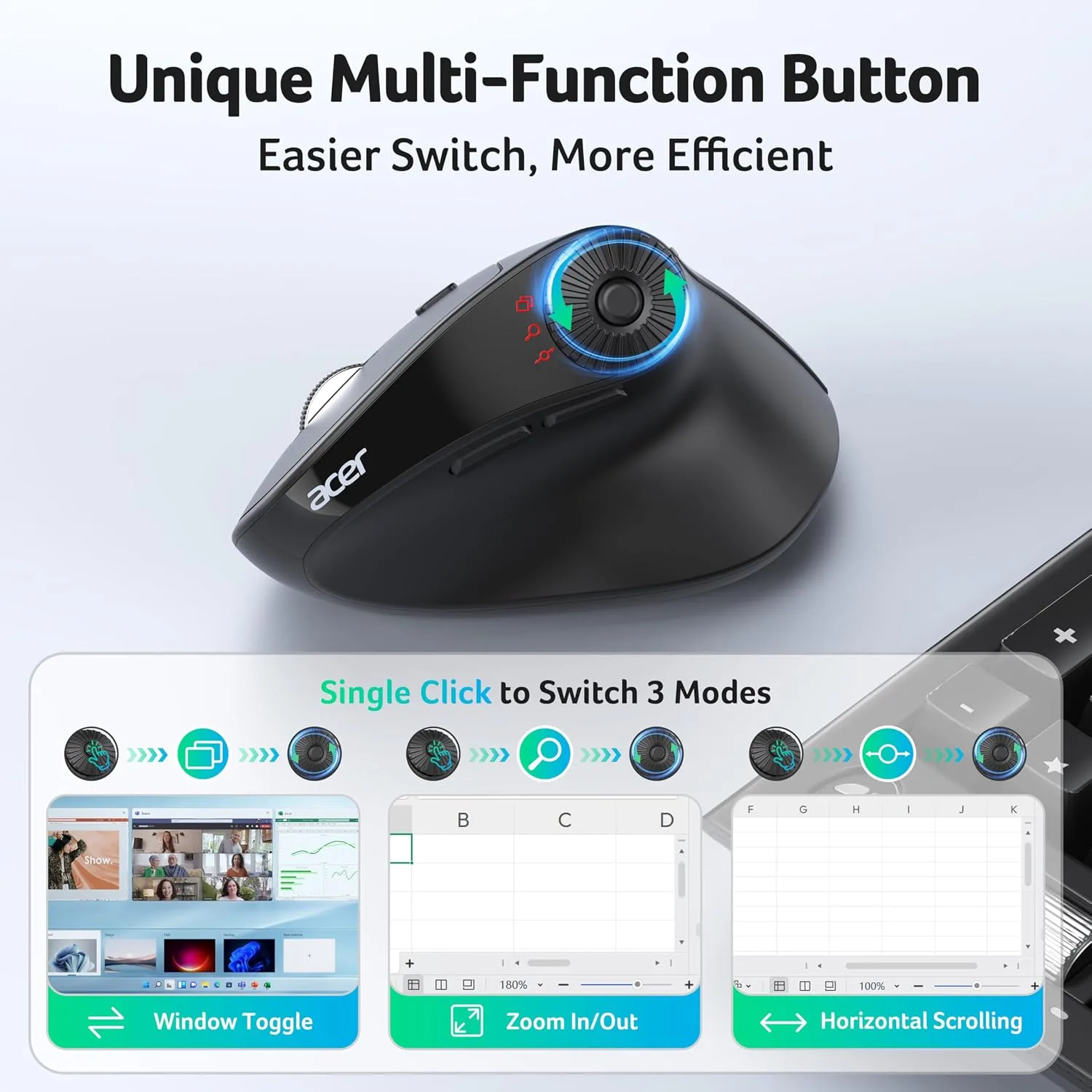 Acer Ergonomic Mouse Wireless with Side Scroll, Bluetooth Mouse for Laptop