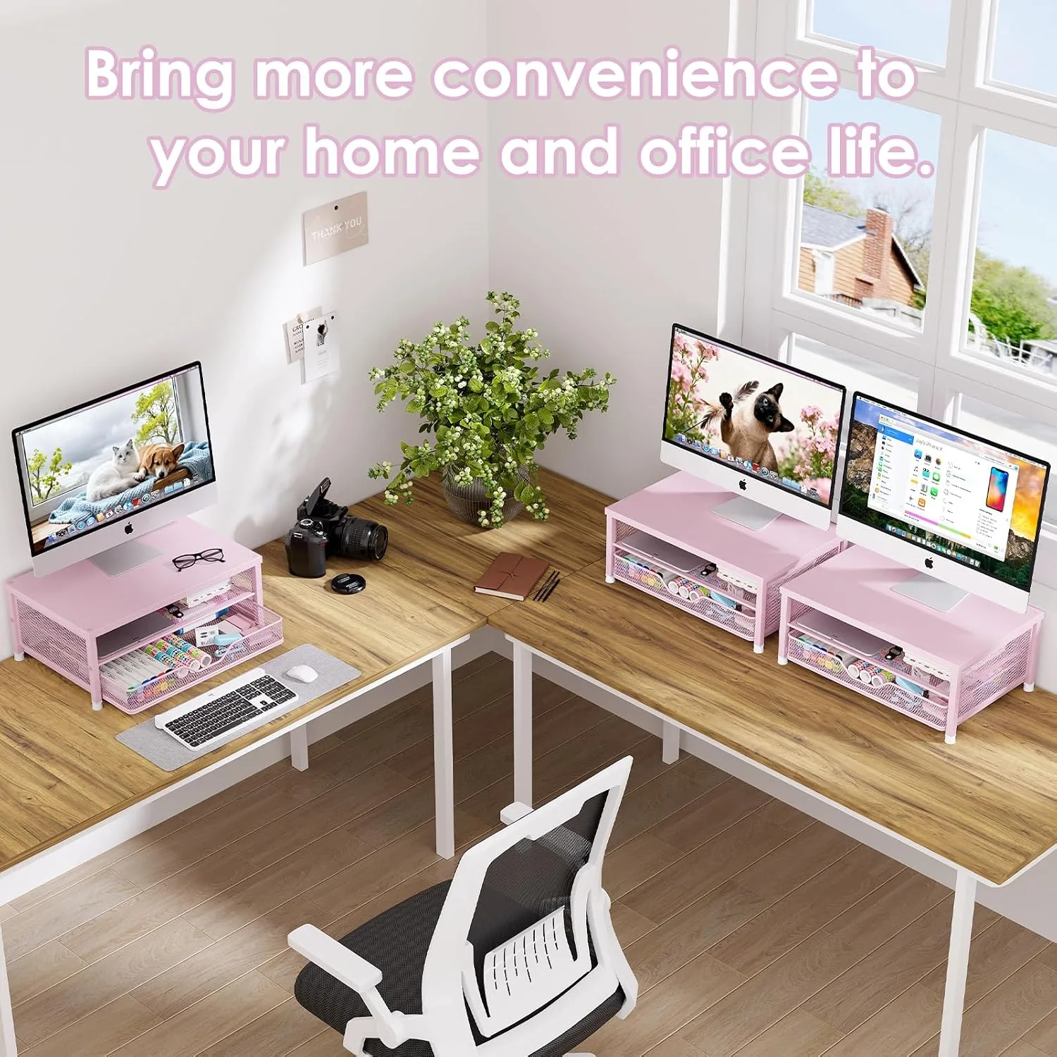 OPNICE Computer Monitor Stand Riser, Desk Organizer with Drawer, Printer & Laptop Stand, Office Desk Accessories & Workspace Desktop Organizers Storage for Office Supplies(Pink)