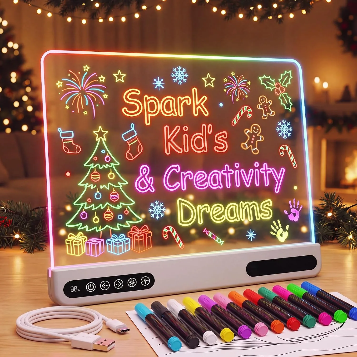 LED Drawing Board for Kids, 16" Light Up Doodle Board with 7 Colors & 10 Light Modes, Rechargeable Drawing Tablet Including 12 Markers & Tracing Cards, Birthday Christmas Gift for Boys and Girls