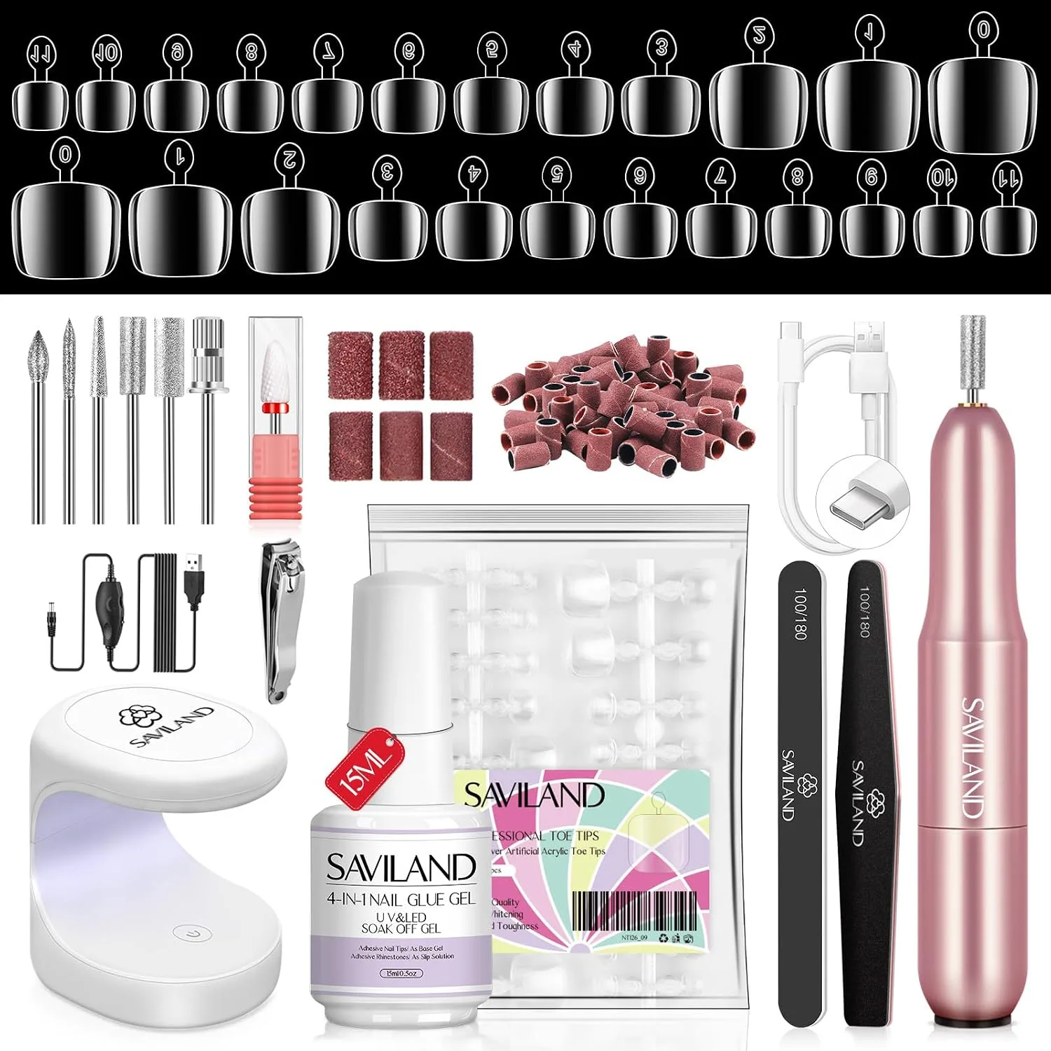 SAVILAND Toe Nail Tips Kit with Glue Gel, 500 PCS, Nail Drill and U V Lamp