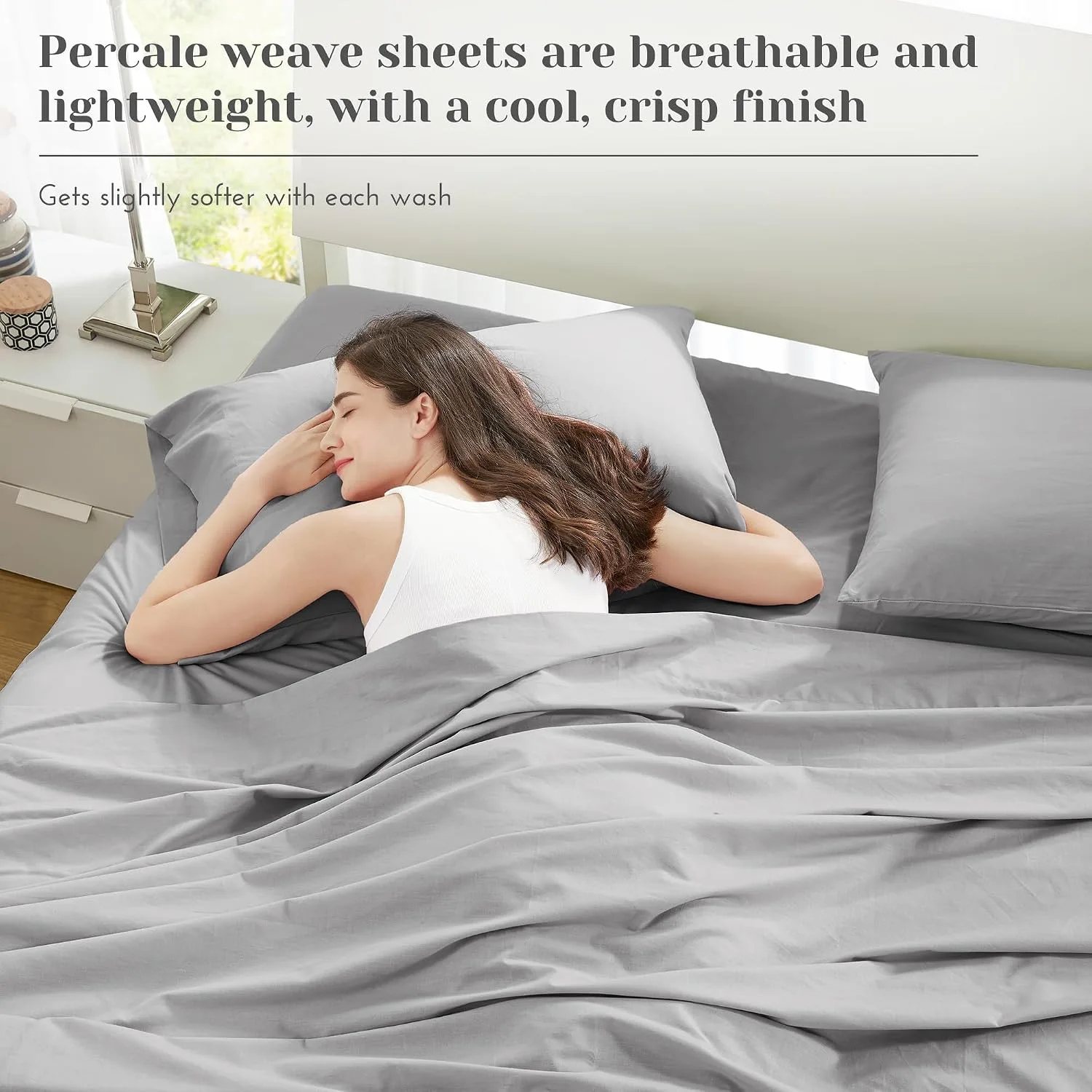 Comfort Spaces 100% Cotton Percale Sheets Queen Sheet Set 4 Piece, Grey