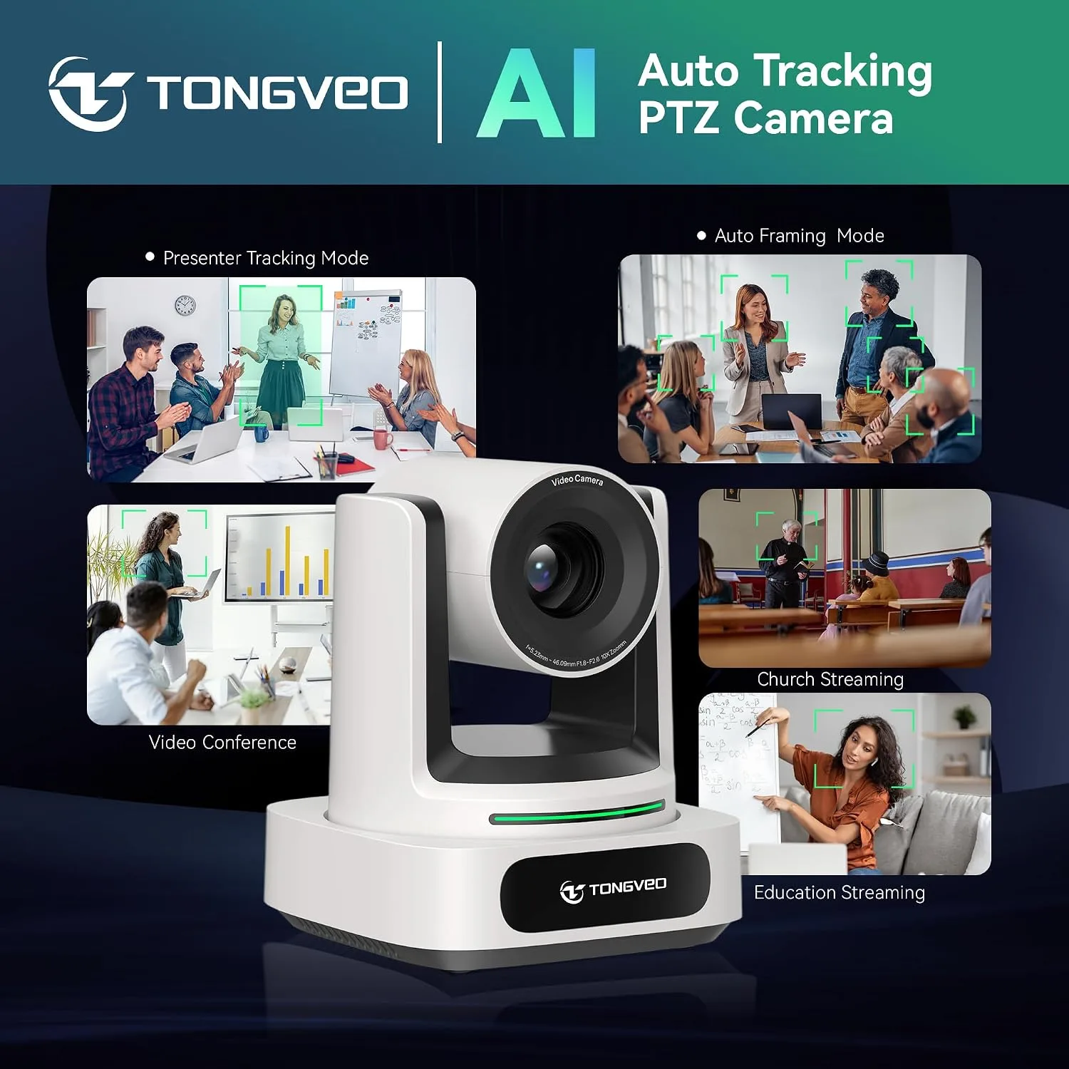 TONGVEO AI 4K PTZ Camera with Auto Tracking, 10X Optical Zoom Video Conferencing Camera, HDMI & USB 3.0 Plug and Play Webcam for Zoom, Teams, Church Worship, Live Streaming, Education