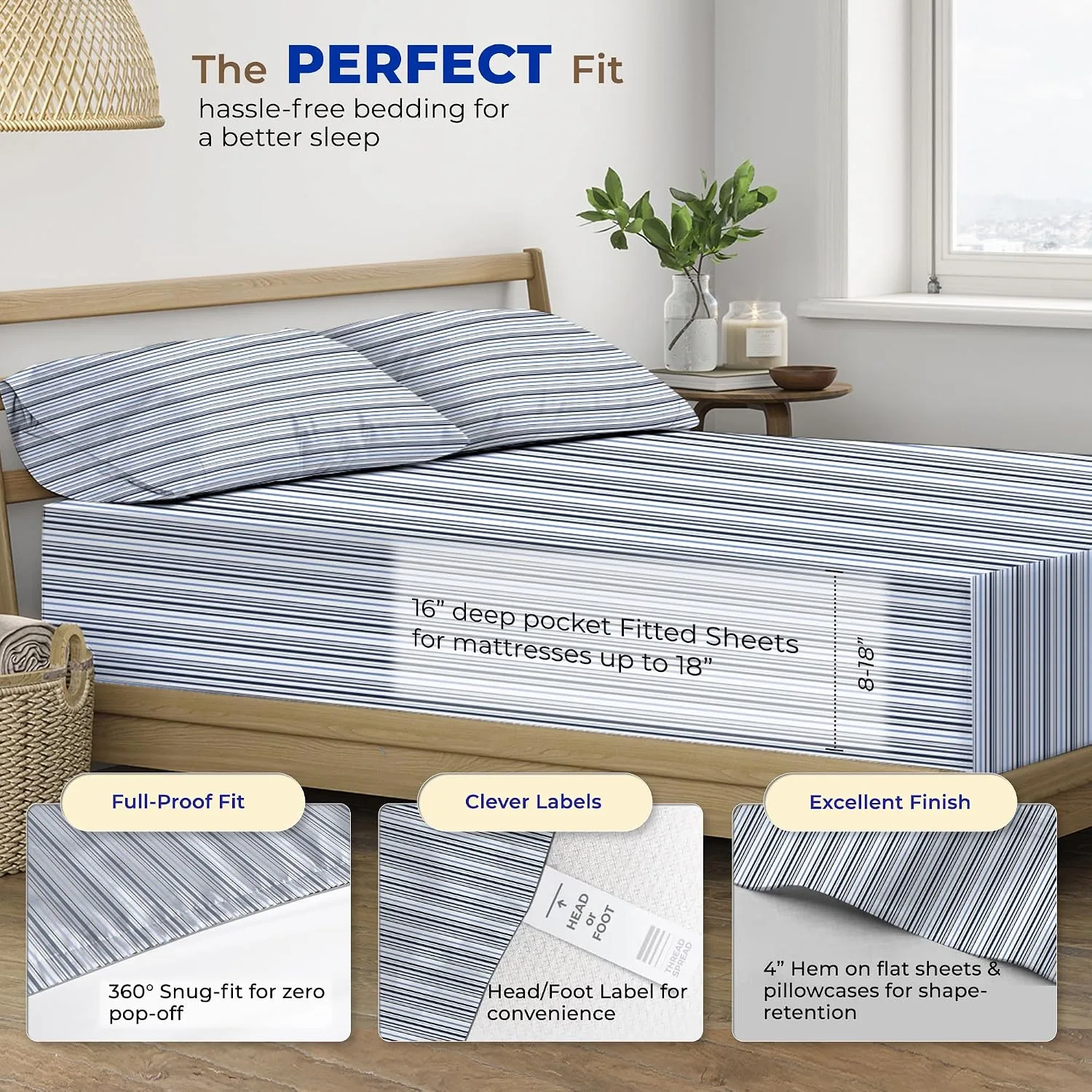 THREAD SPREAD Egyptian Cotton Sheets King Size - Luxury 600 Series King Size Sheets Set (4 PC, Deep Blue), 16" Deep Pocket All Around Elastic, Soft, Sateen, Durable Hotel Bed Sheet Sets