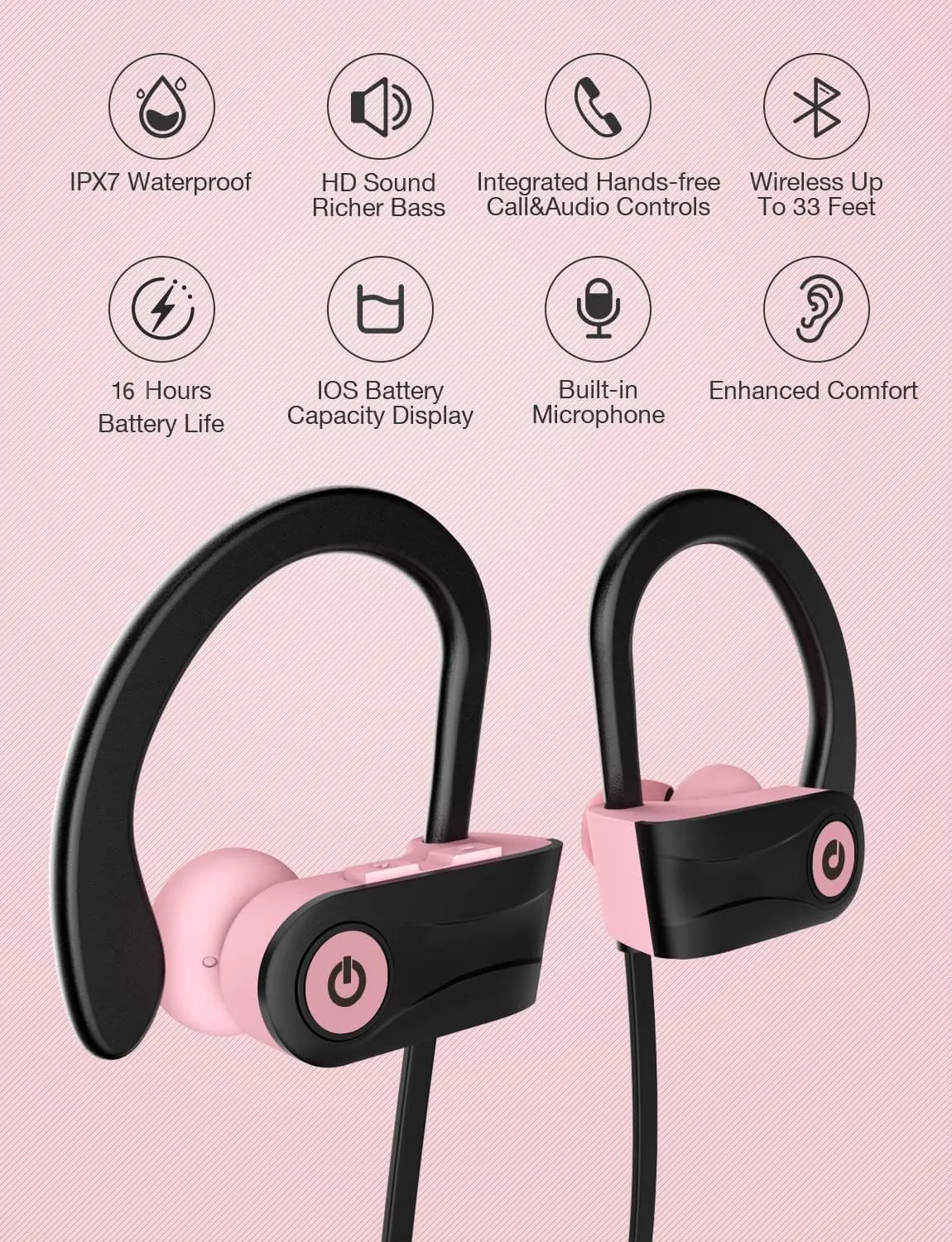Otium Bluetooth Headphones Wireless Earbuds Headsets Wireless Earbuds Bluetooth Earphones IPX7 Waterproof 15 Hours Playtime Running Sports Workout