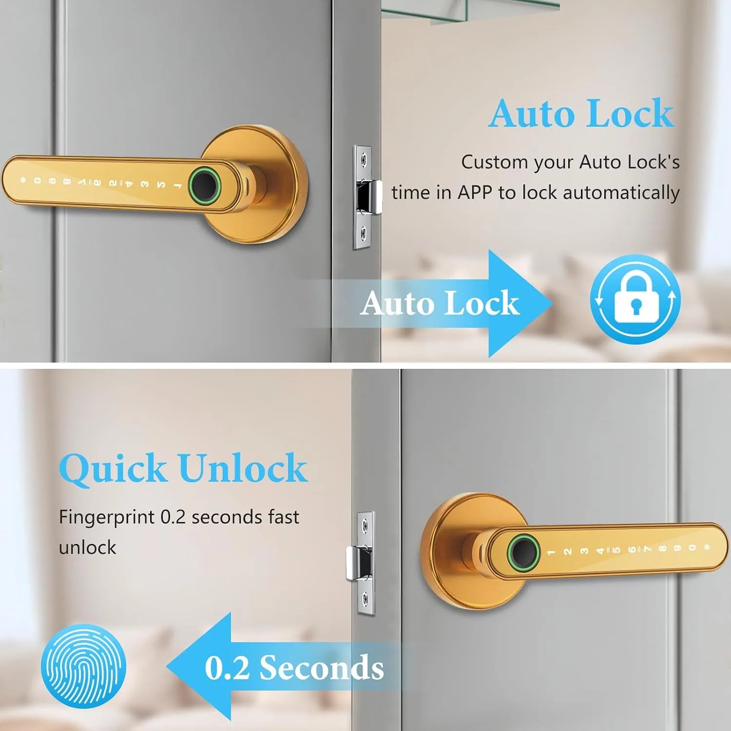 Fingerprint Door Lock Biometric Door Knob with Keypad Keyless Entry, Door Locks for Bedrooms, Home Hotel Office Apartment Gold