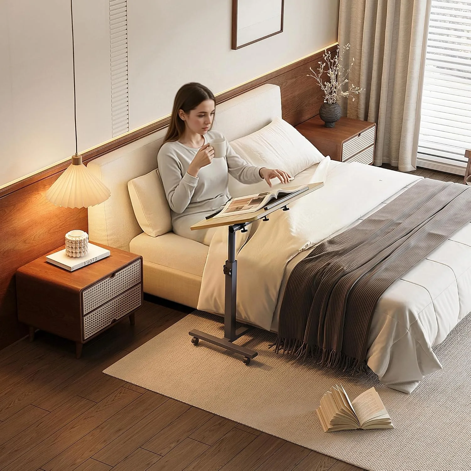 LINGMI Laptop Table Mobile Adjustable Height Portable Desk Notebook Swivel PC Computer Rolling Desk with Wheels, Laptop Stand for Couch Bedside Hospital Bed Table
