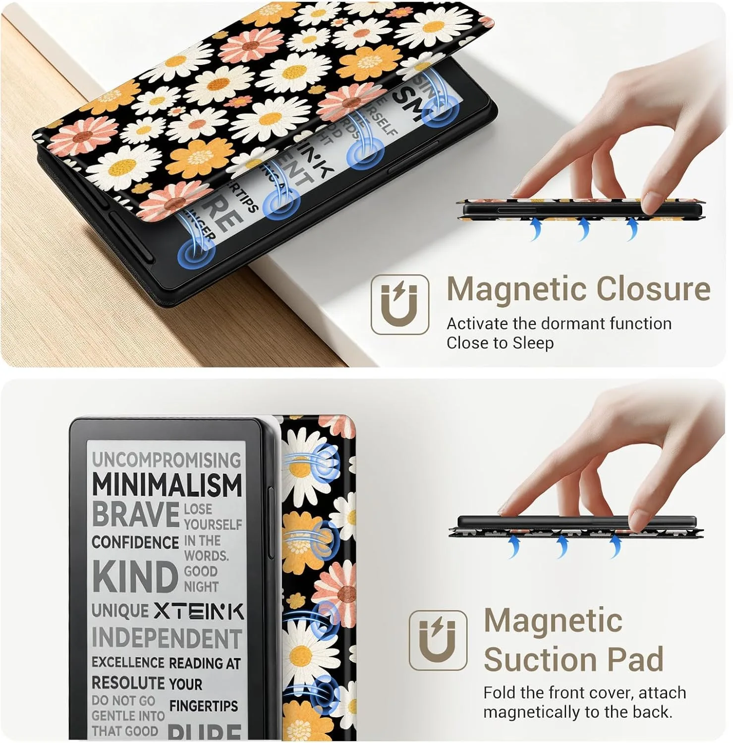 CoBak Magnetic Case for XTEINK X3 eBook Reader, 3.7" Ultra-Lightweight PU Leather Cover(Sunny Daisies)