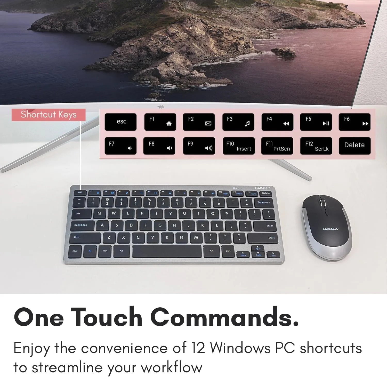 Macally Small Wireless Keyboard | Mini Keyboard for PC - Slim, Quiet & Portable for Laptop, Desktop PC, Surface, Chromebook - Space Gray