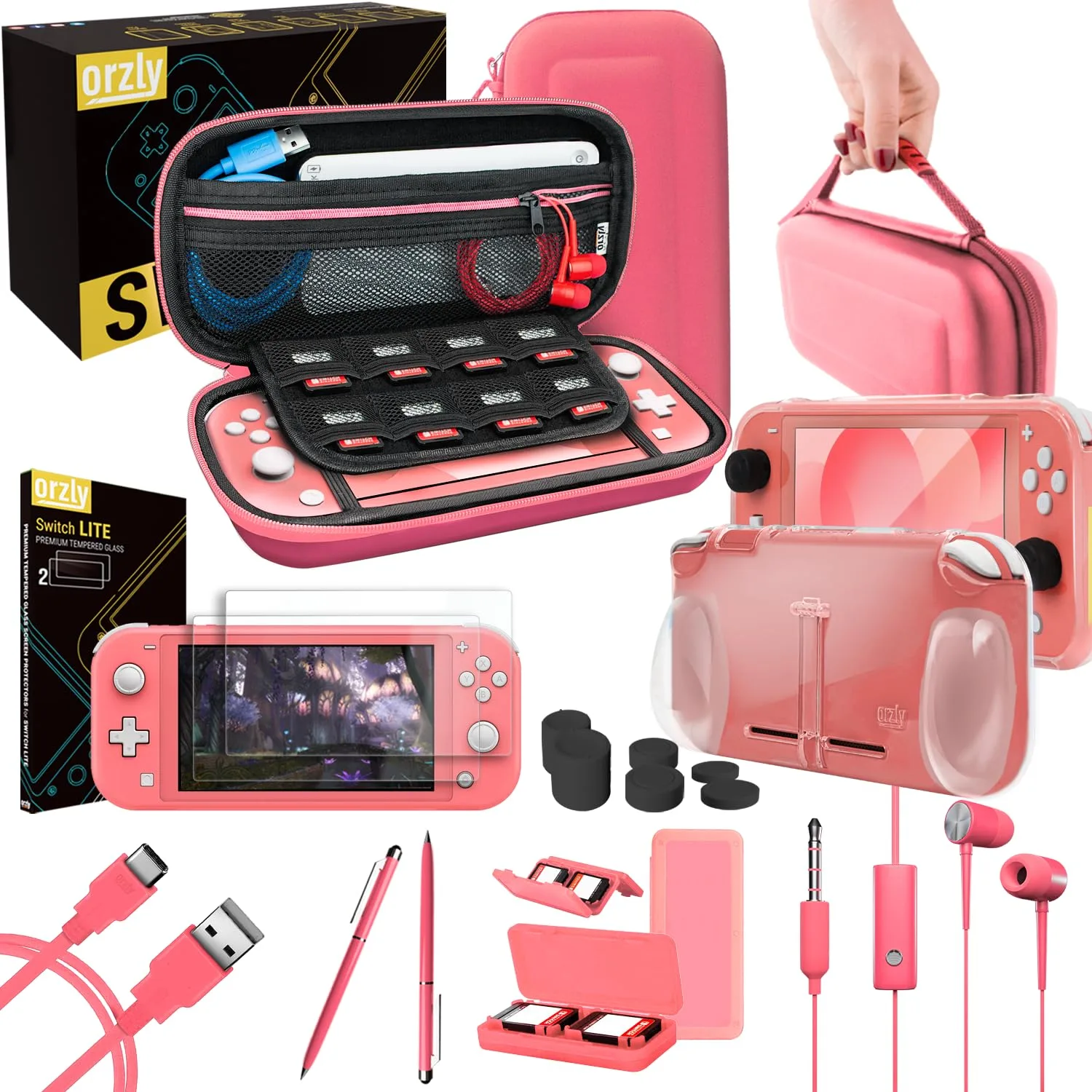 Orzly Accessories Bundle Compatible for use with Nintendo Switch Lite - Protective Case & Screen Protector, USB Cable, Games Holder, Grip Case, Headphones, Thumb-Grip Pack & More (Coral)