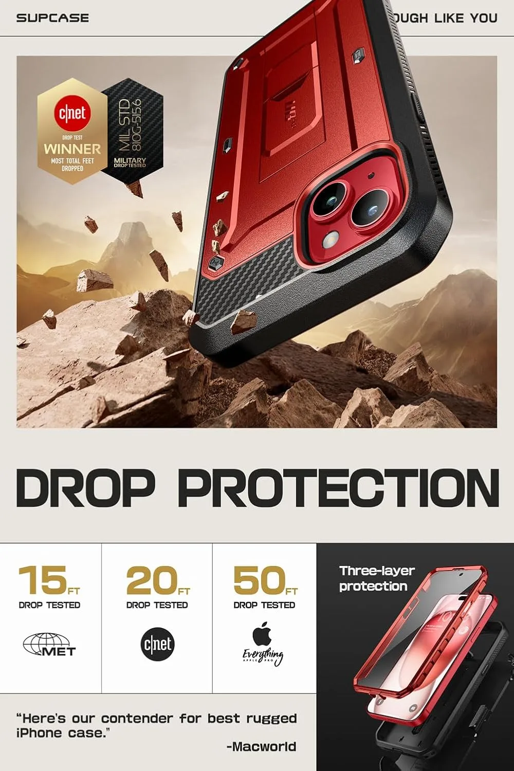SUPCASE for iPhone 15 Case with Kickstand & Screen Protector, Red