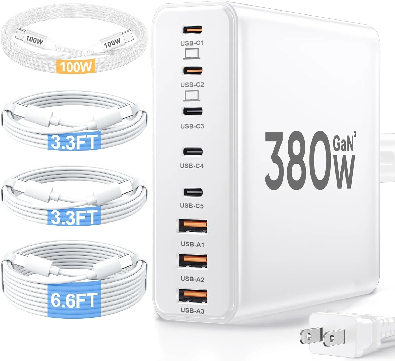 380W USB C Charger Block with 4 USB Cables Dual 100W Charging Station