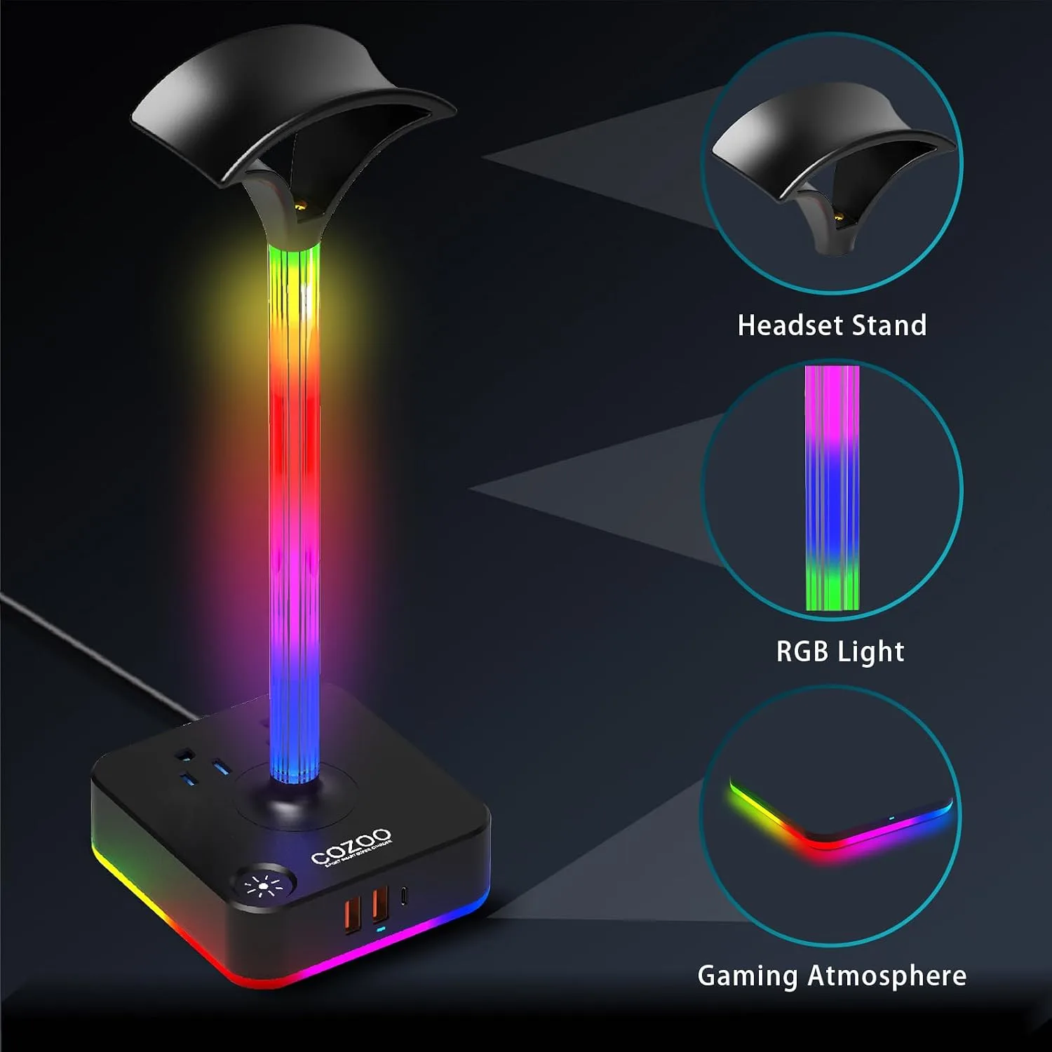 Headphone Stand with Charger for Desk, Gifts for Gamers Men, RGB Black