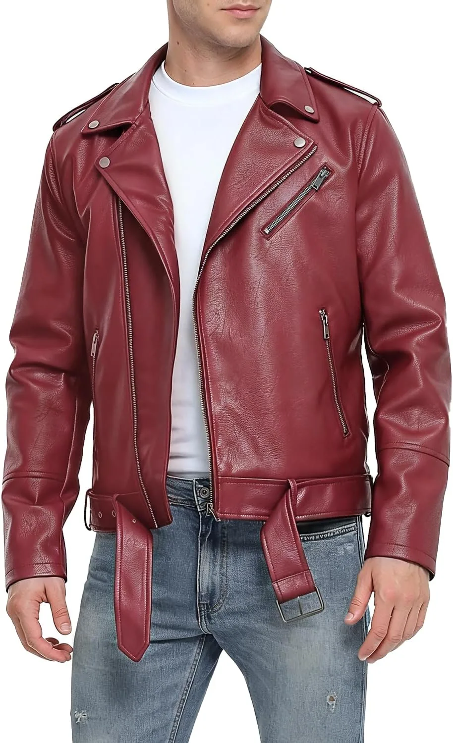 Fahsyee Leather Jackets for Men, Faux Bomber Jacket Mens Motorcycle Lapel Asymmetric Zip-Up Belt Slim Fit Biker Coat