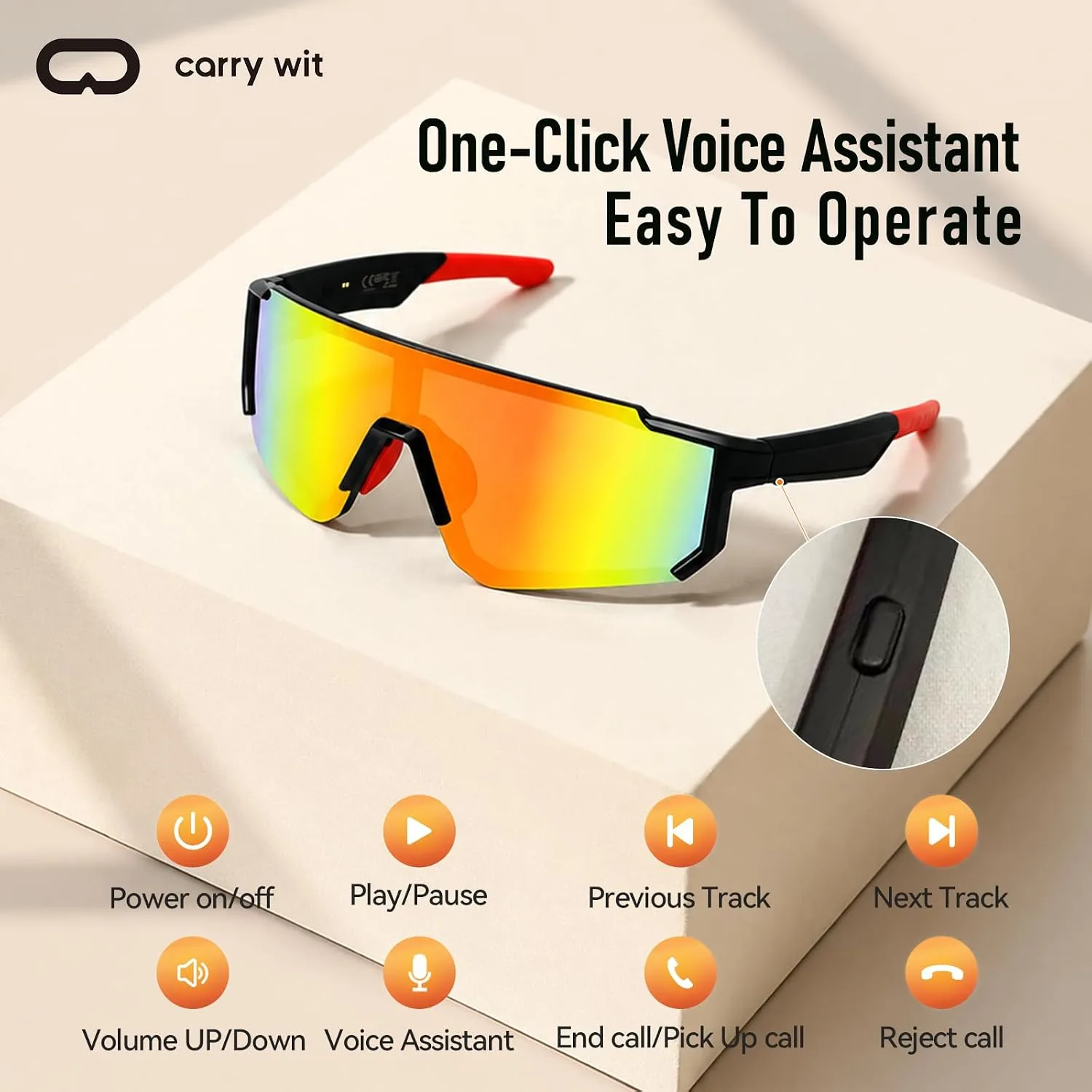 Smart Sports Sunglasses for Men/Women, Bluetooth Glasses for Cycling Running Driving, UV400 Polarized Lenses, Bluetooth 5.4, 6-8H Playtime, Outdoor UV Protection and Voice Control (Orange)