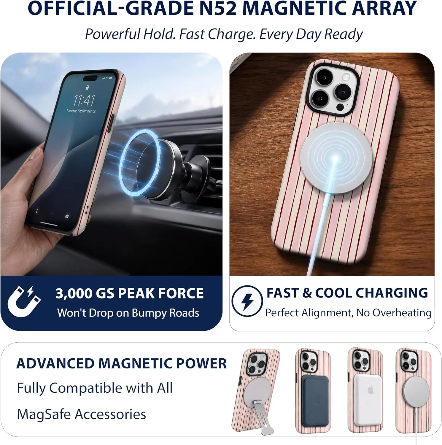 Magnetic for iPhone 15 Pro Max Phone Case, Pink & White Striped