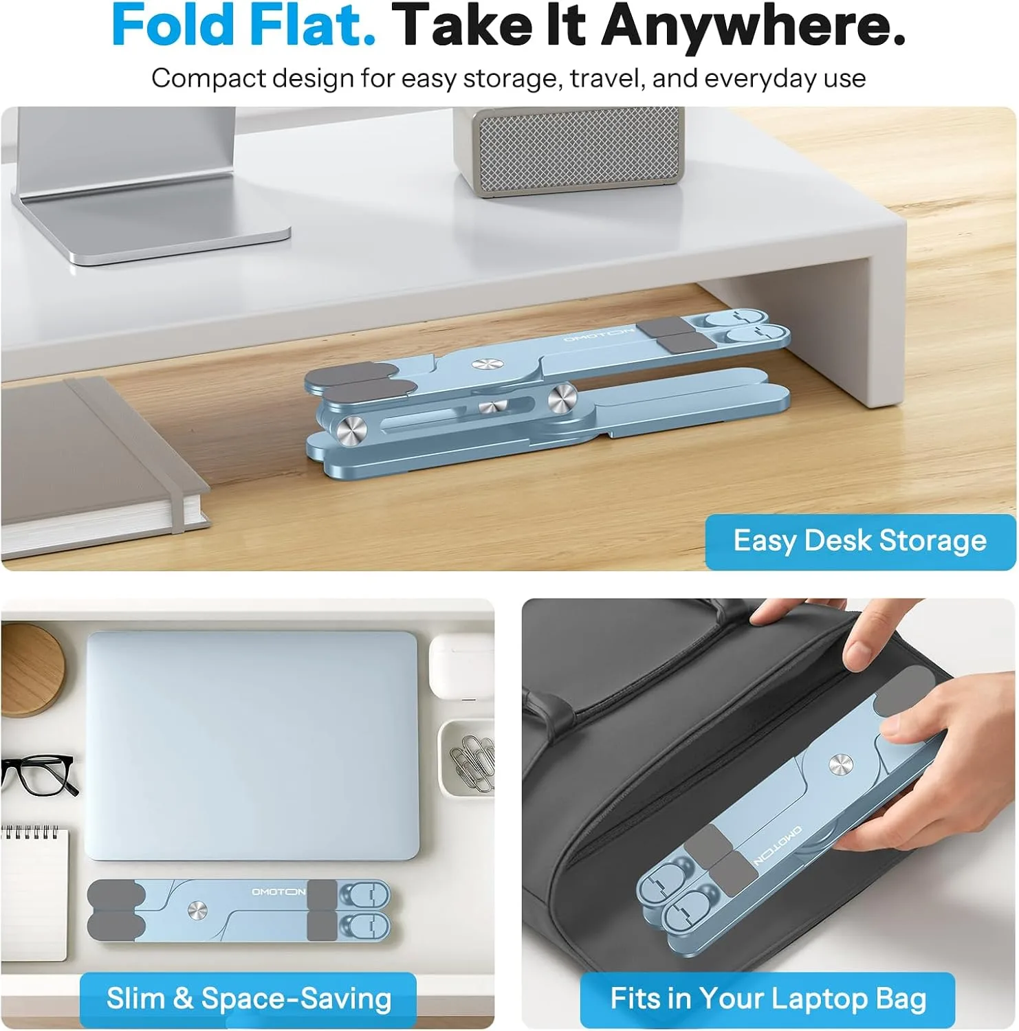 OMOTON LA10 360° Rotating Laptop Stand Riser Foldable for Desk, Sky Blue