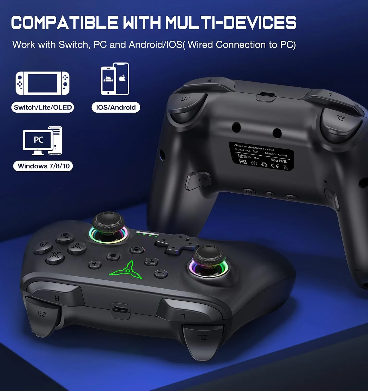 ELISWEEN Switch Controller, Wireless Switch Controller Compatible with Switch Controller 1/Switch 2/Switch Lite/OLED, Wireless Switch Controllers Work with iOS/Android/PC with RGB Light, Programmable