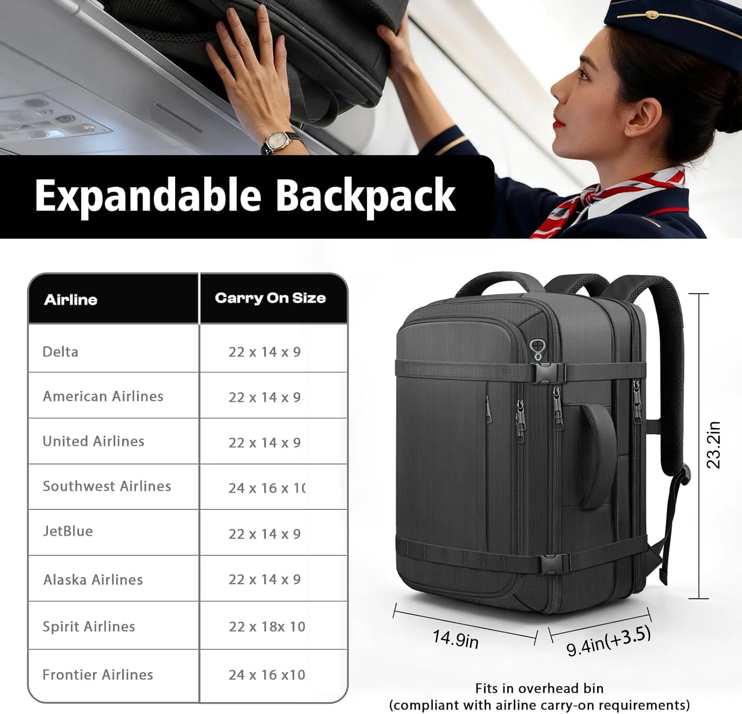 HULVION Carry On Backpack Expandable 55–65L Travel Laptop Bag Water Resistant