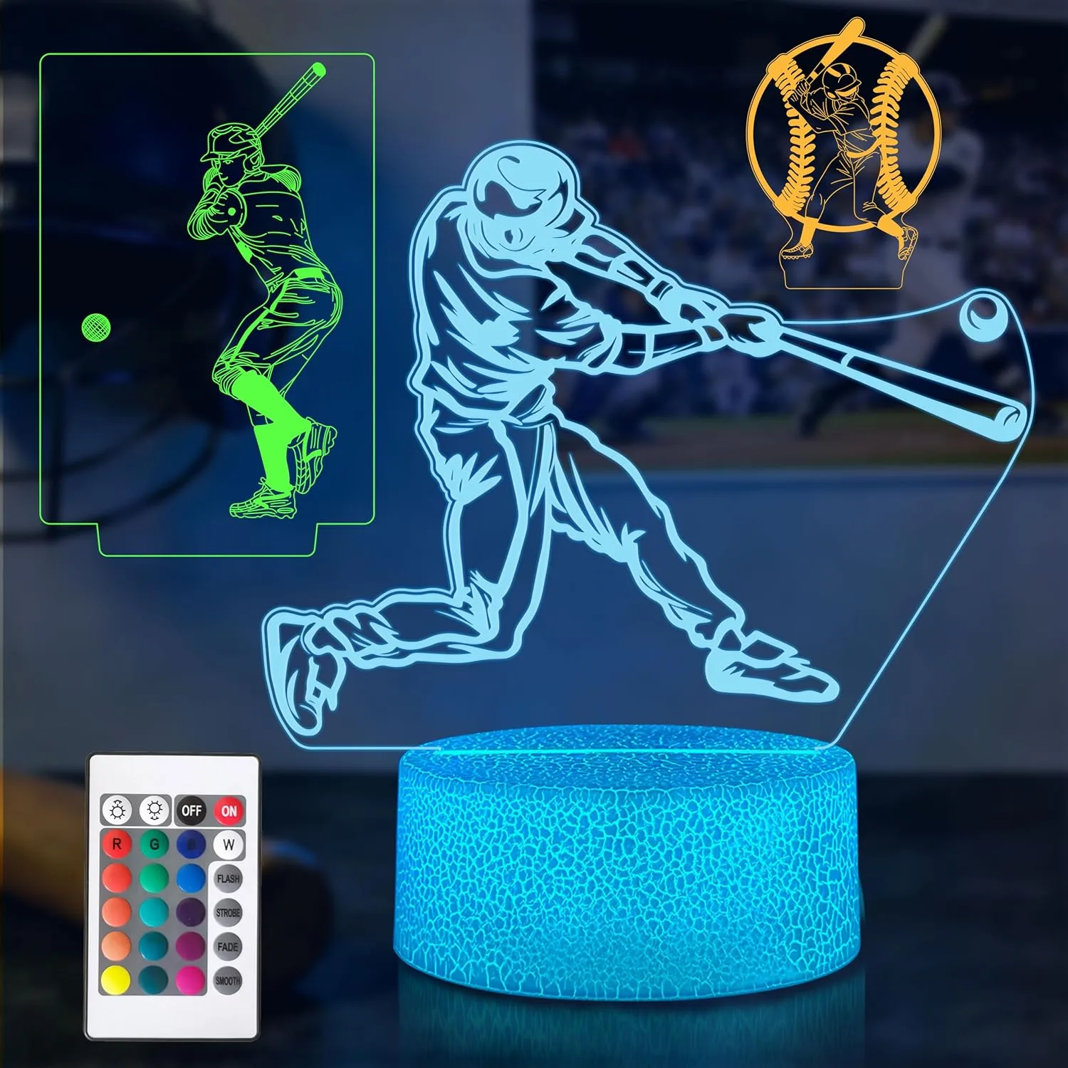 Baseball Gifts for Boys 8-12, 3 Patterns LED 3D Illusion Lamp 16 Colors with Remote Control, Baseball Room Decor, Birthday Stocking Stuffers for Teens Boys Girls