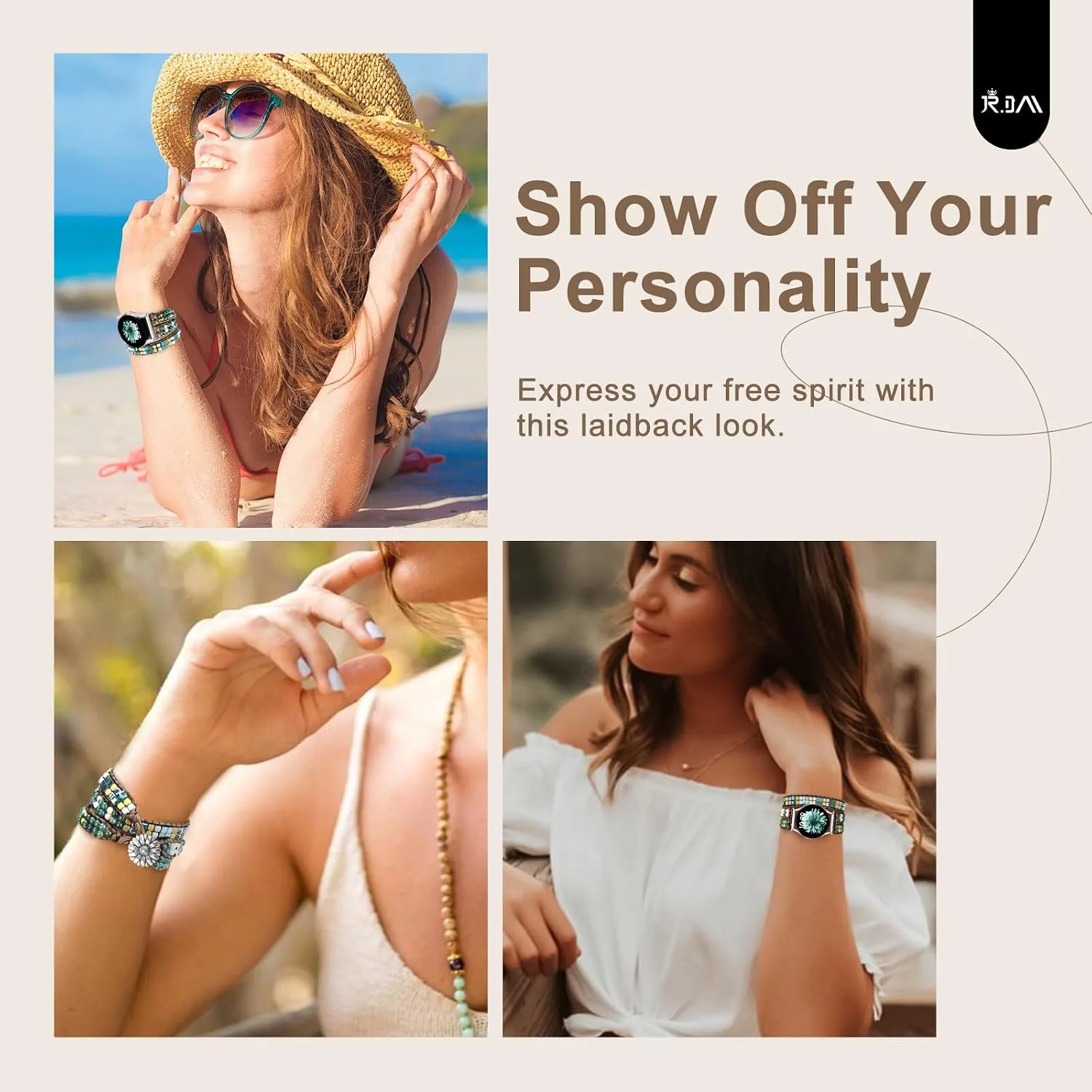 JR.DM Boho Beaded Handmade Braided Bracelet Band Women 20mm Compatible with Samsung Galaxy Watch 7/6/5/4/Active 2/4 Classic/6 Classic/5 Pro/FE 40mm 42mm 43mm 44mm 45mm 46mm 47mm