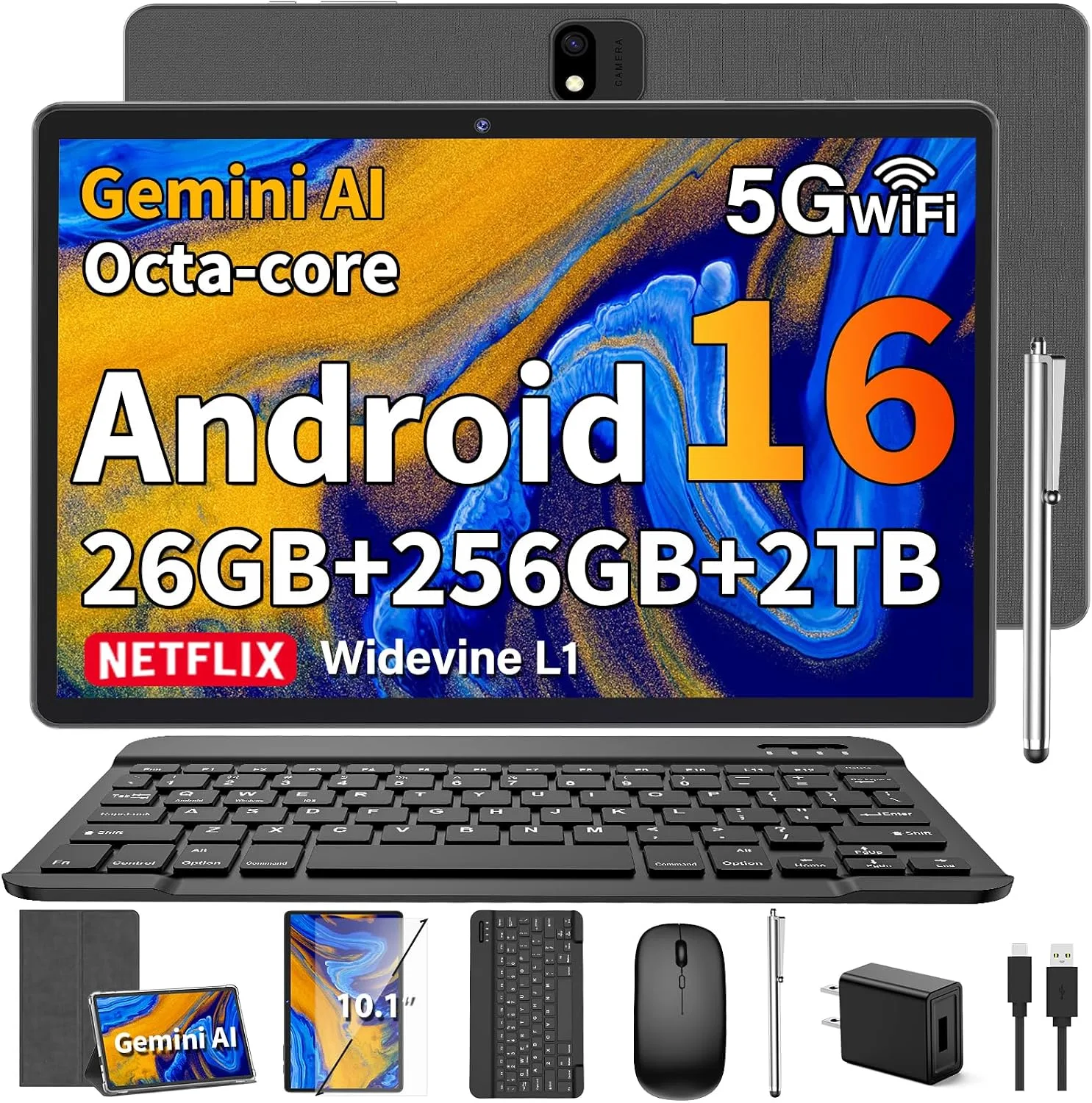 Android Tablet, 2026 Android 16 Tablet with Keyboard, 26GB+256GB, Gemini AI