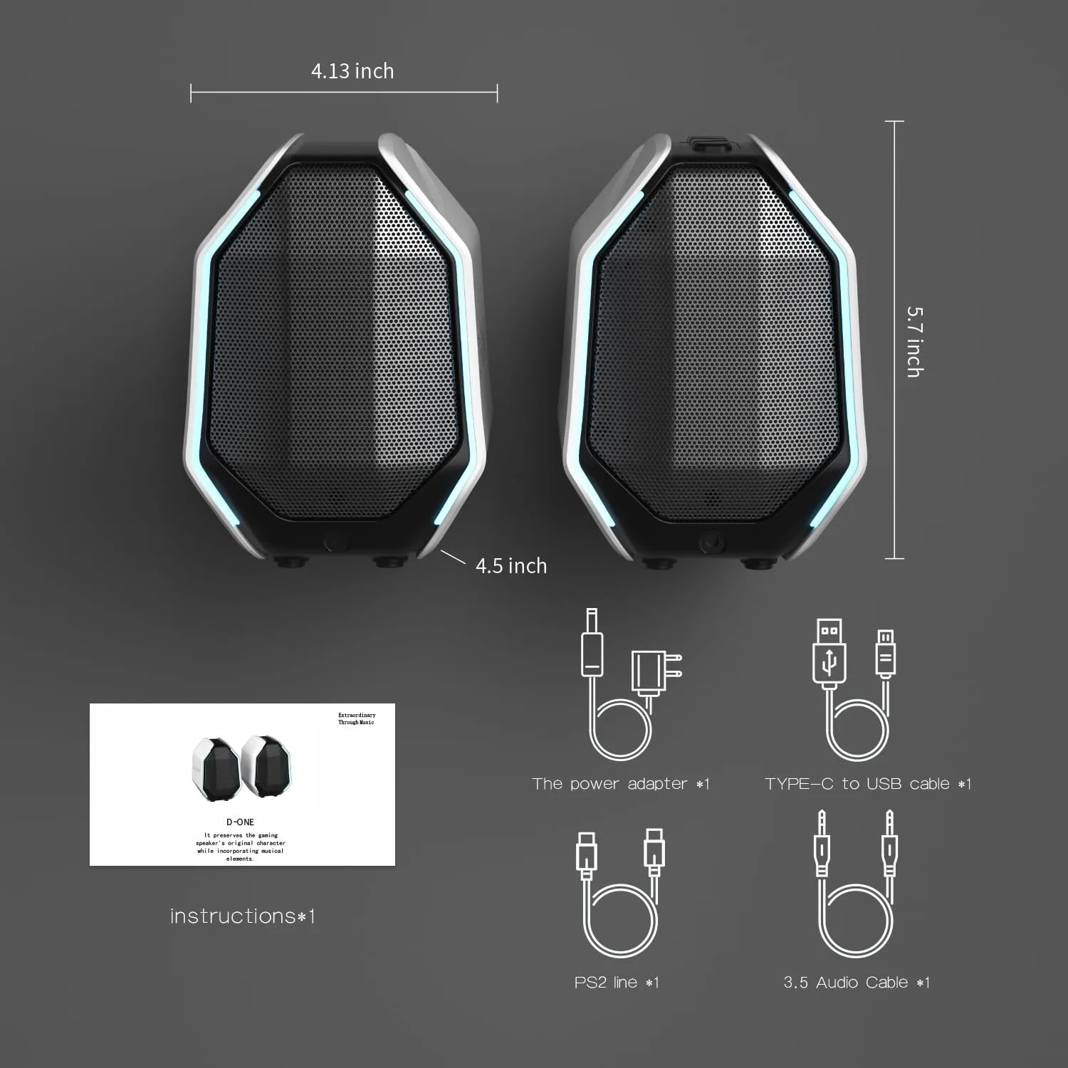 Computer Speakers for Desktop PC, Gaming PC Speakers for Desktop – USB-C, Bluetooth 5.3, 3.5mm AUX, AC Powered External Audio with Rich Stereo bass, Laptop/Mac, RGB Lights, White, 30W