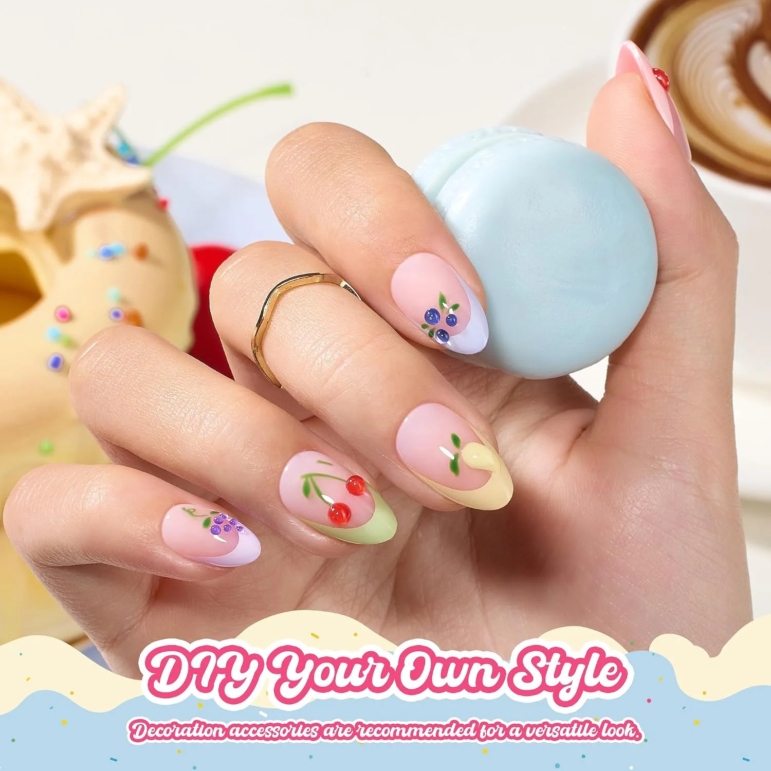 Beetles French Tips Press On Nails - Short Almond 6 Colors 192 Pcs