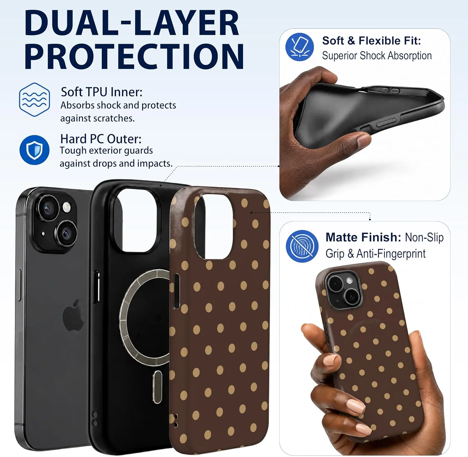 Magnetic for iPhone 15 Phone Case, Cute Brown & Cream Polka Dot